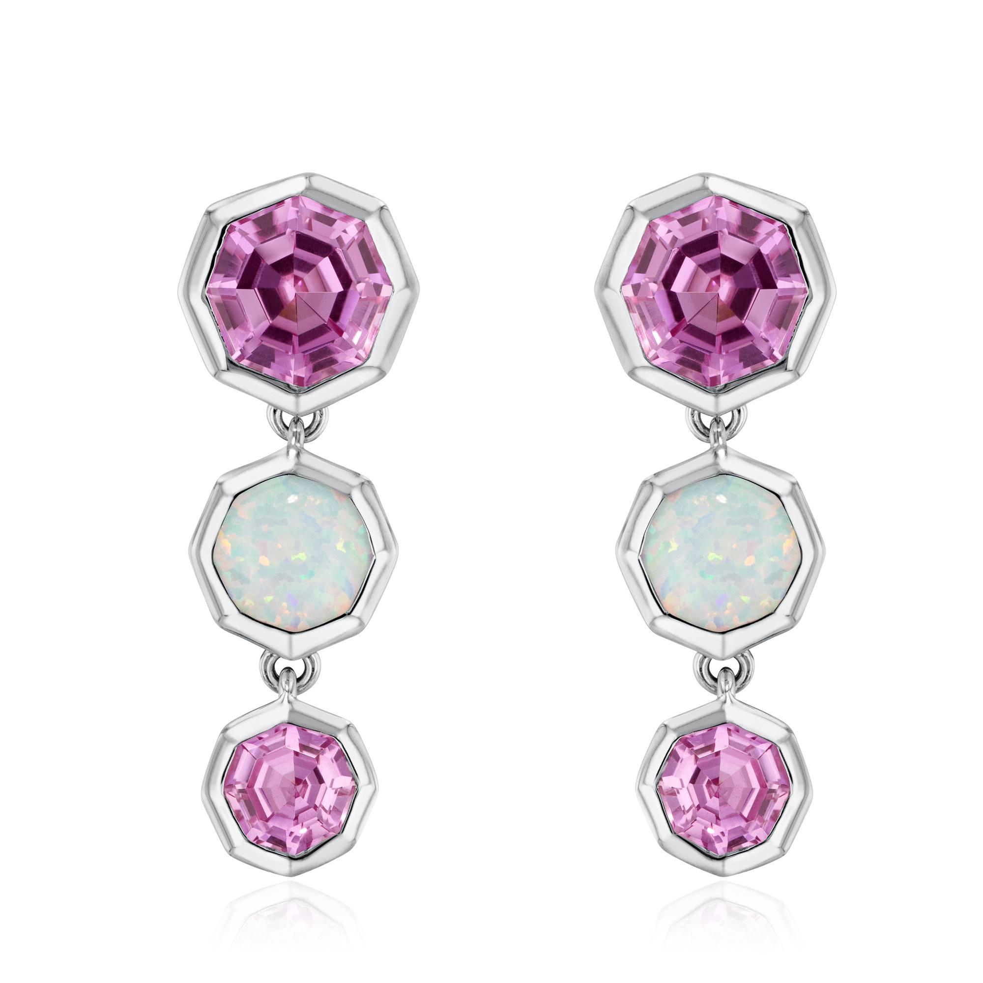Octagon Created Pink Sapphire and Created Opal Sterling Silver Drop Earrings 