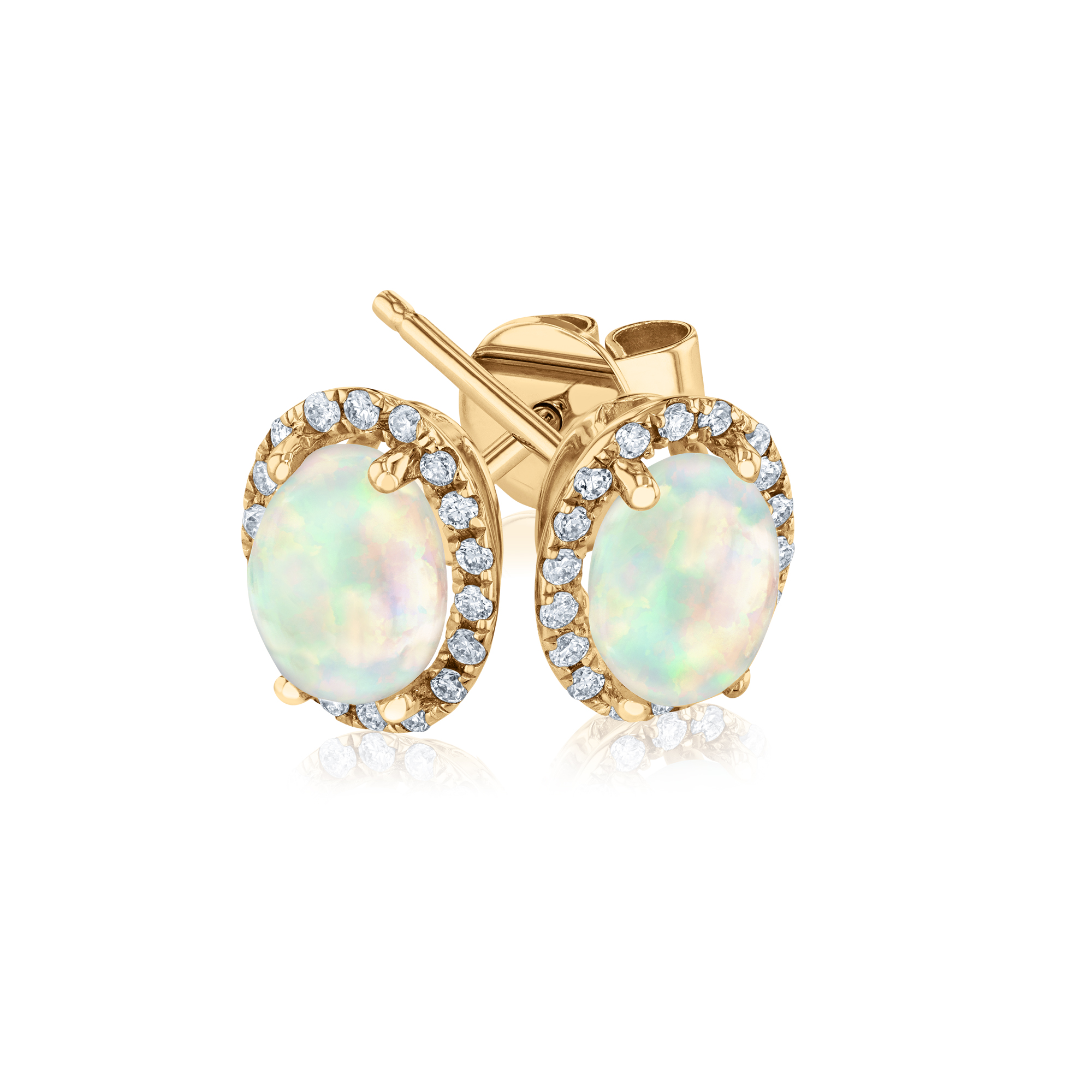 Oval Opal and 1/5ctw Diamond Yellow Gold Stud Earrings - Watercolor Collection 