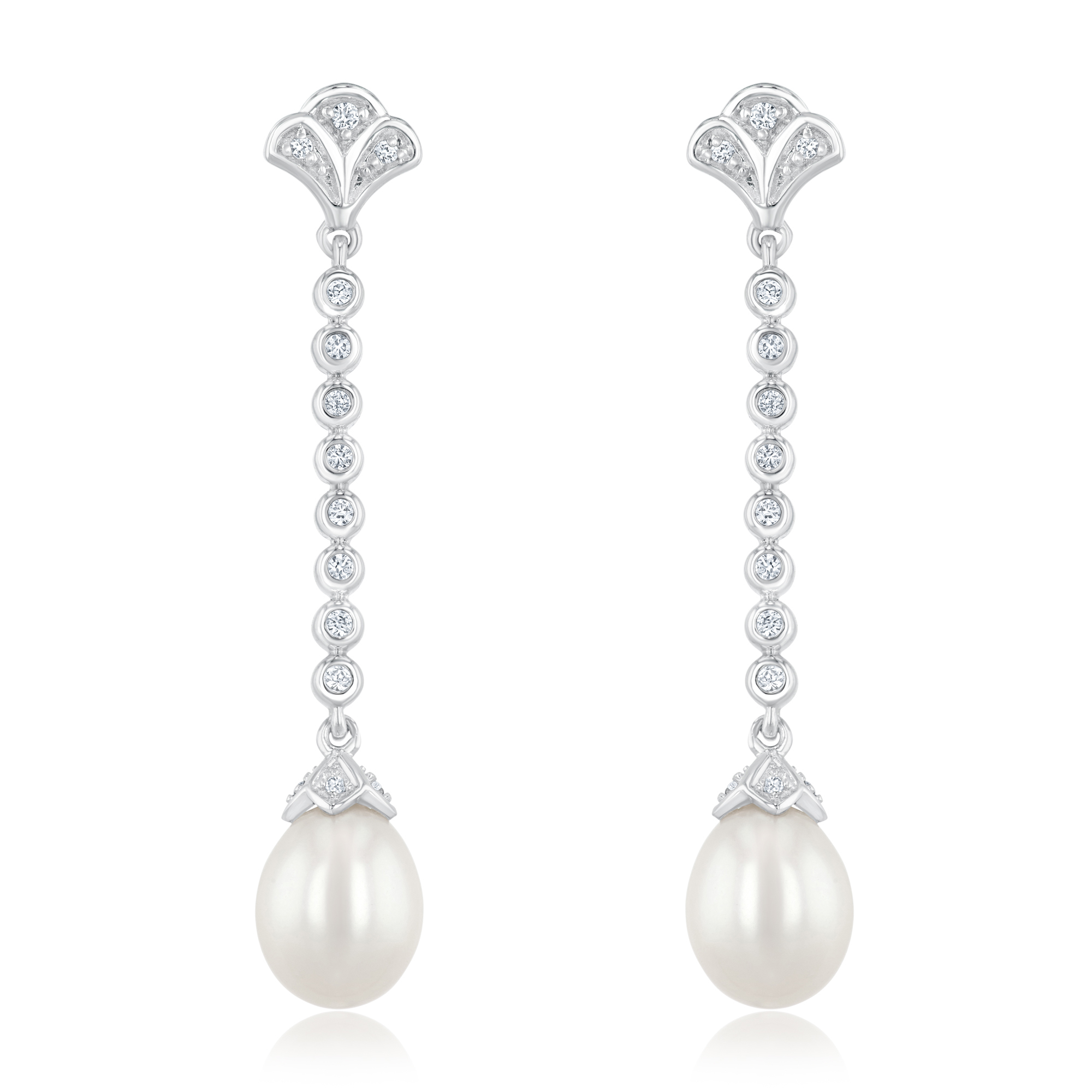 Downton Abbey | Lady Edith - Freshwater Cultured Pearl and Created White Sapphire Drop Sterling Silver Earrings 