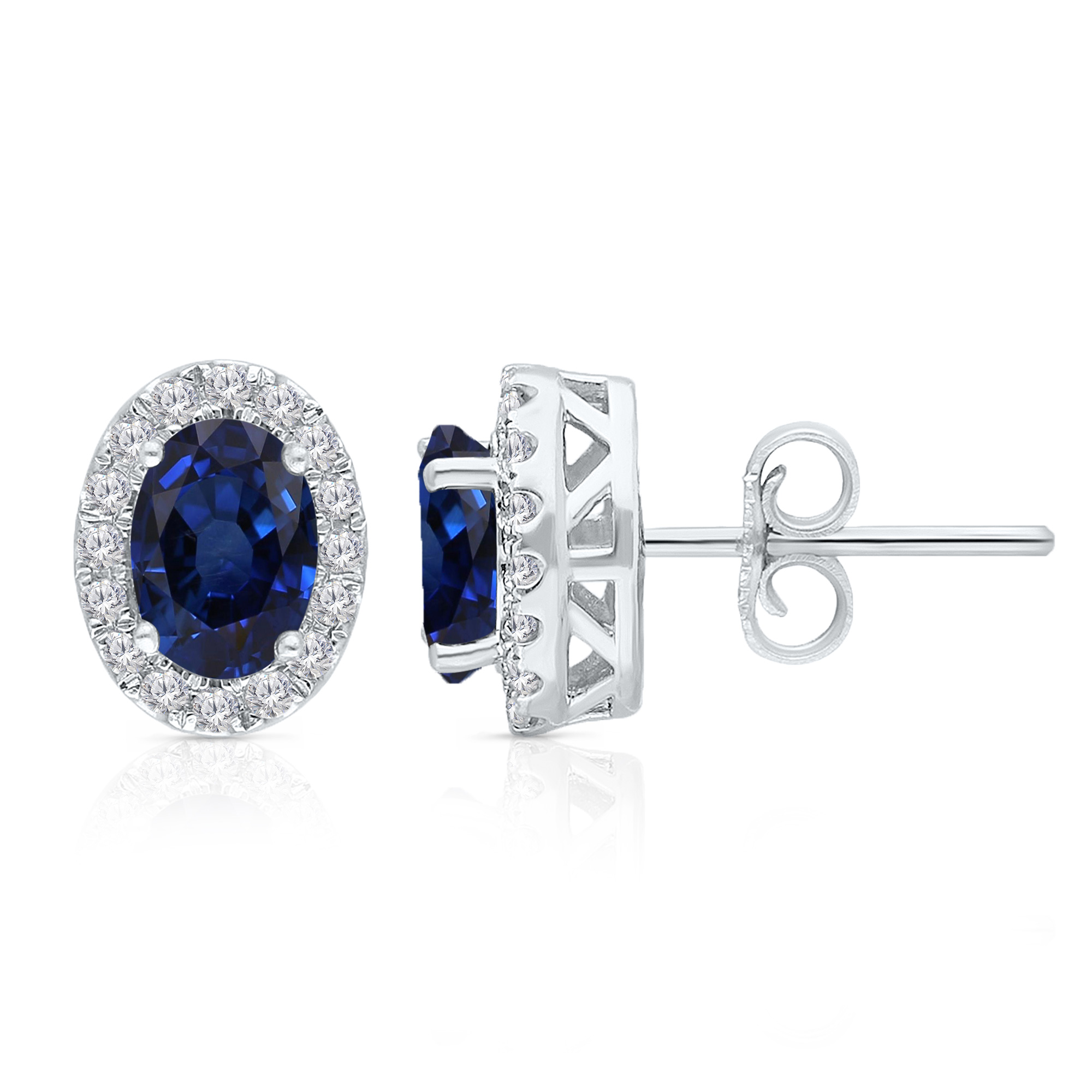 Kallati Oval Blue Sapphire and 1/5ctw Diamond Halo White Gold Stud Earrings 