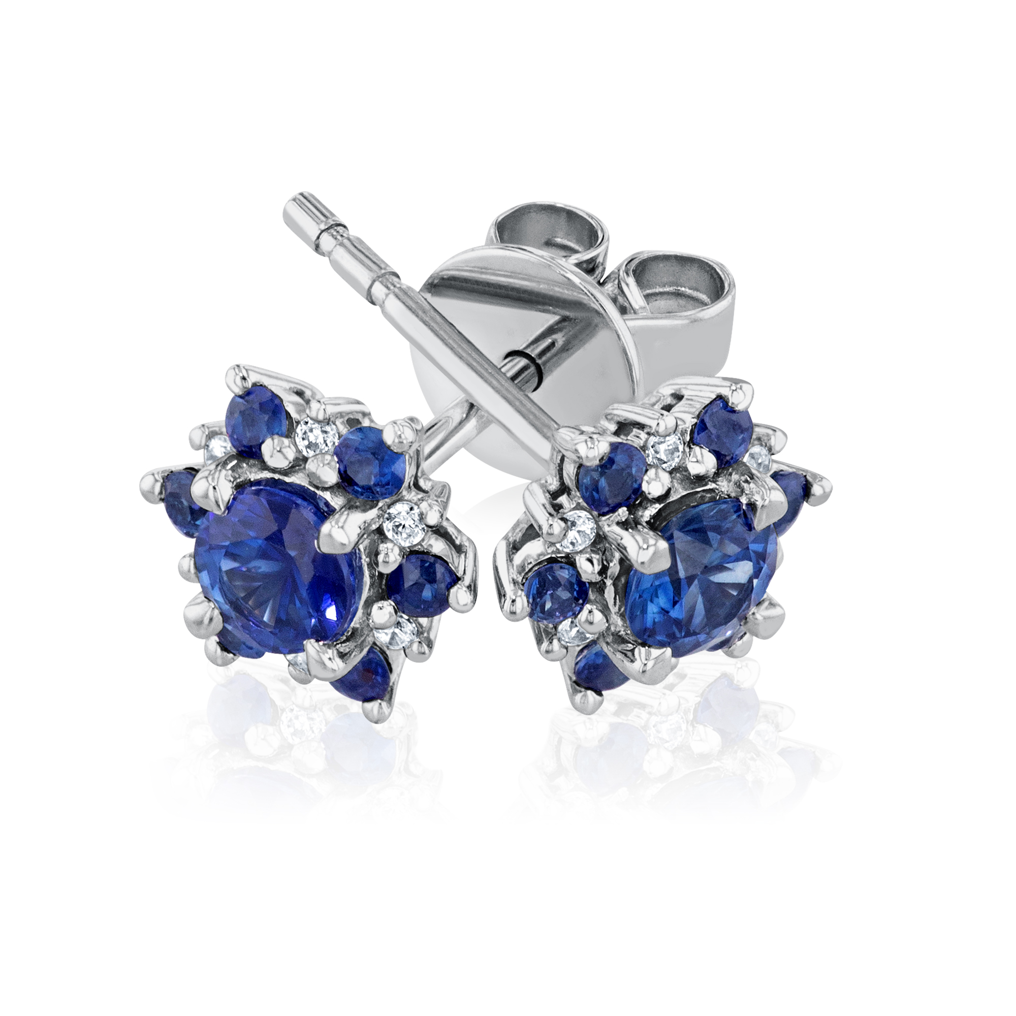 Blue Sapphire and 1/20ctw Diamond White Gold Stud Earrings - Watercolor Collection 