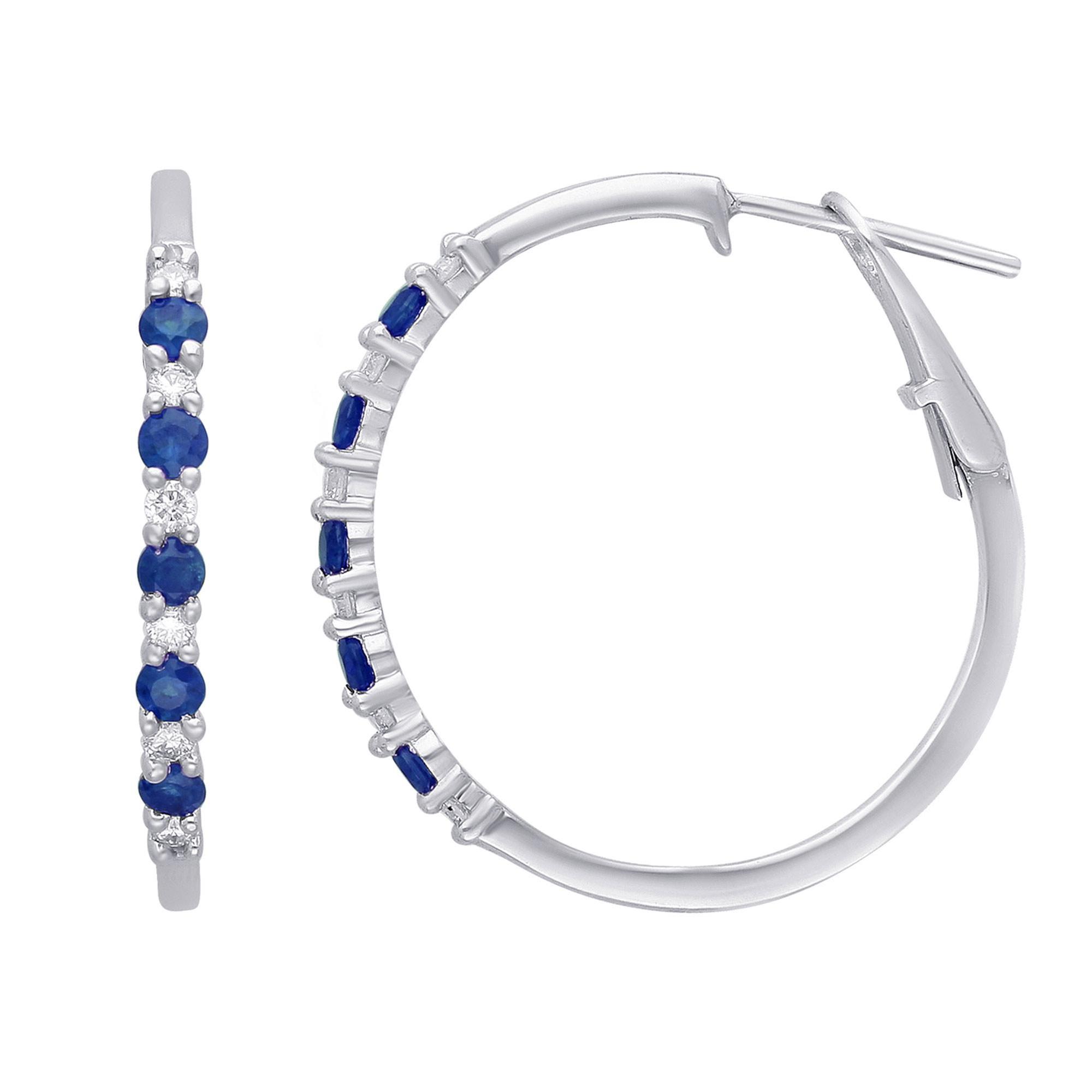 Kallati Blue Sapphire and Diamond Hoop Earrings 1/4ctw 