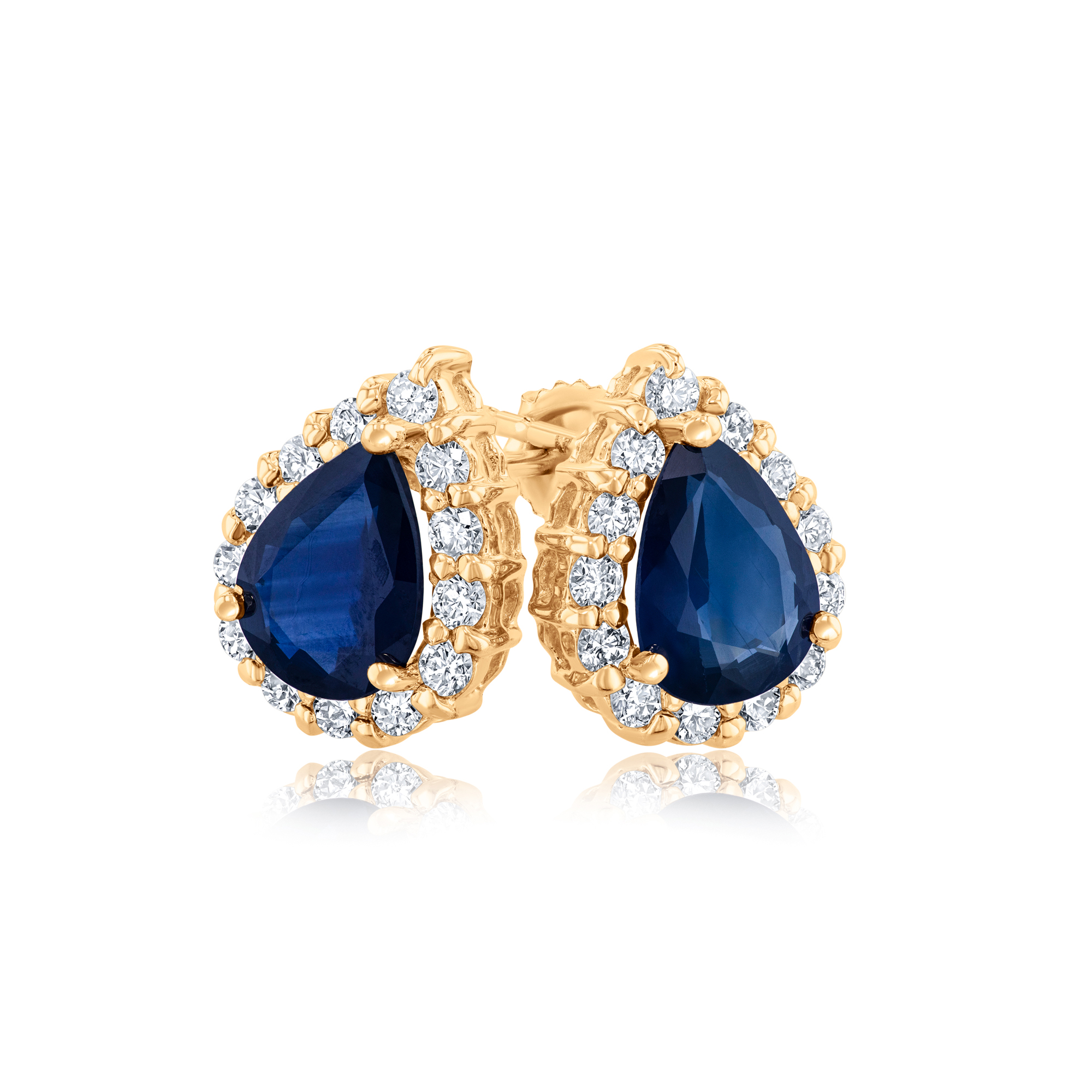 Pear-Shaped Blue Sapphire and 1/2ctw Diamond Yellow Gold Earrings - Watercolor Collection 