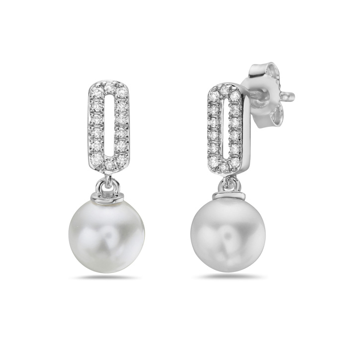 Bassali Freshwater Cultured Pearl and 1/8ctw Diamond White Gold Drop Earrings 