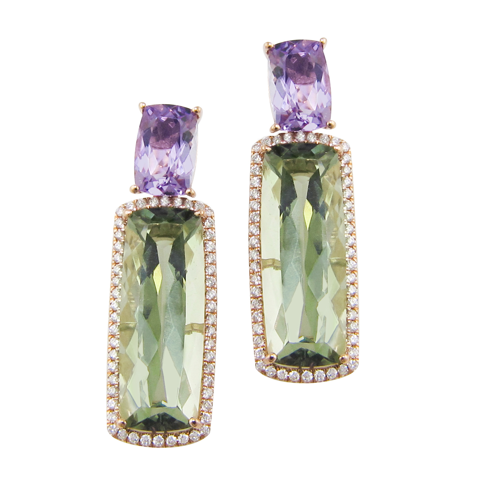 BELLARRI Amethyst, Green Prasiolite, and 1/2ctw Diamond Rose Gold Drop Earrings | Silk Road 