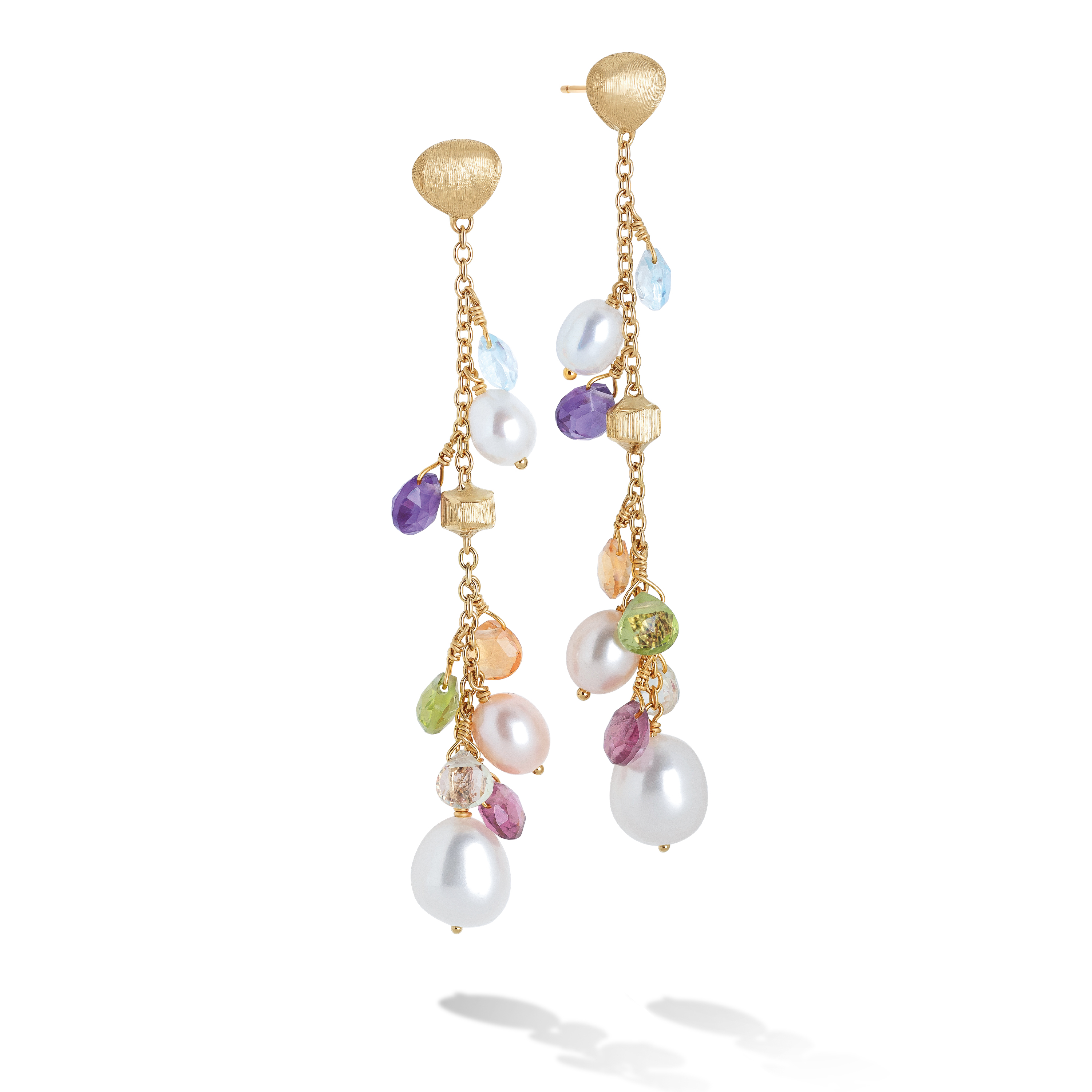 Marco Bicego Yellow Gold Mixed Gemstone and Pearl Long Drop Earrings | Paradise Collection 