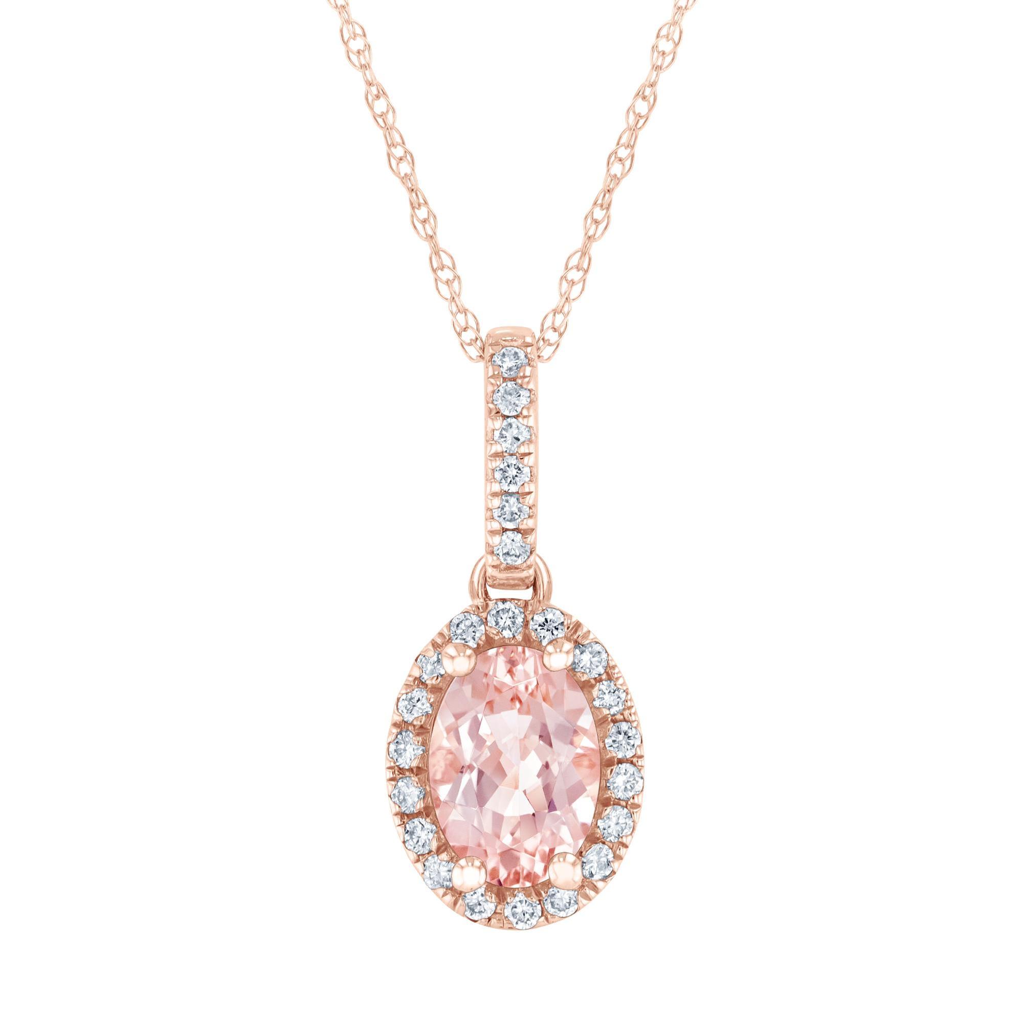 Oval Morganite and Diamond Halo Rose Gold Pendant Necklace - Watercolor Collection 
