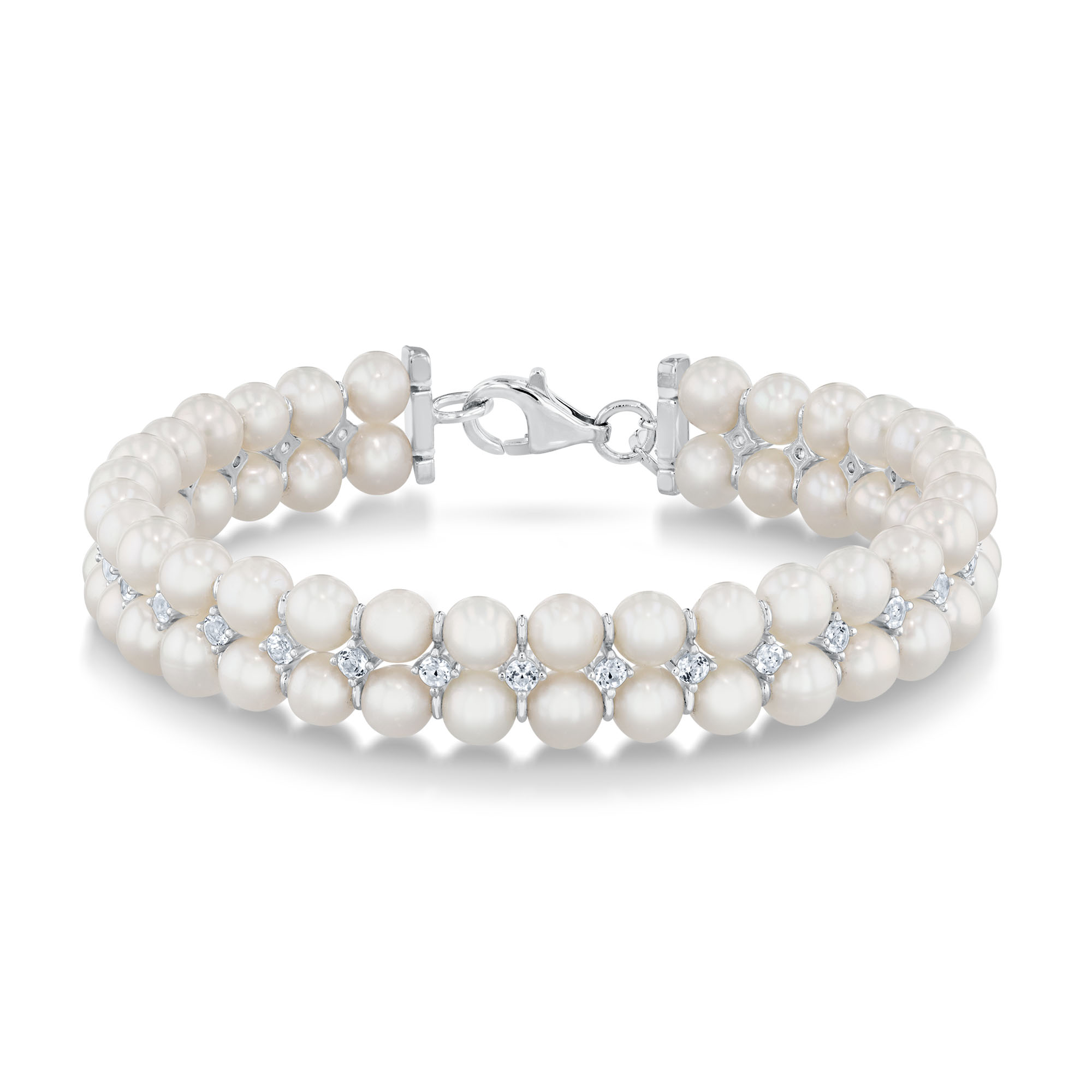 Downton Abbey | Lady Edith - Freshwater Cultured Pearl and White Topaz Sterling Silver Double Strand Bracelet 
