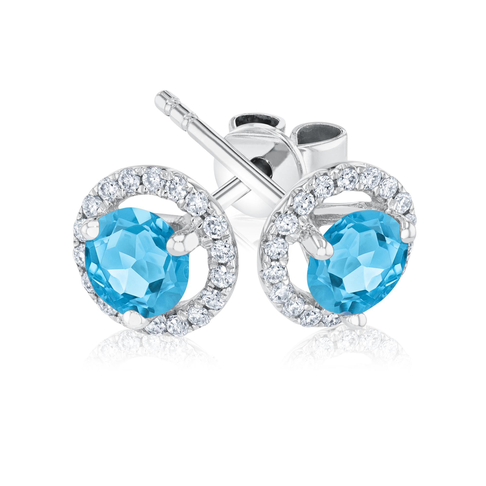 Round Blue Topaz and Diamond Halo White Gold Earrings - Watercolor Collection 
