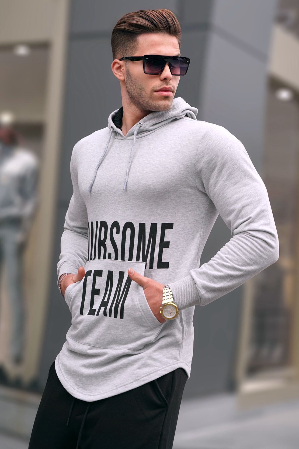 Madmext Printed Gray Hooded Sweatshirt 4148