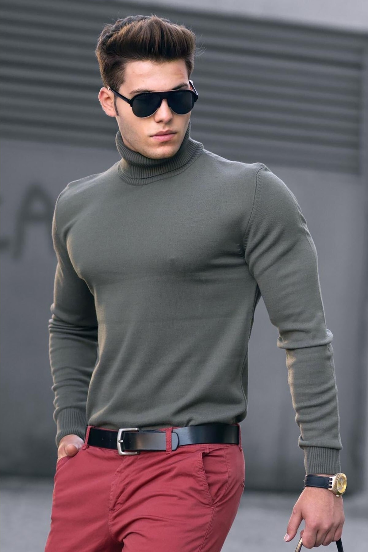 Madmext Khaki Turtleneck Sweater 4656