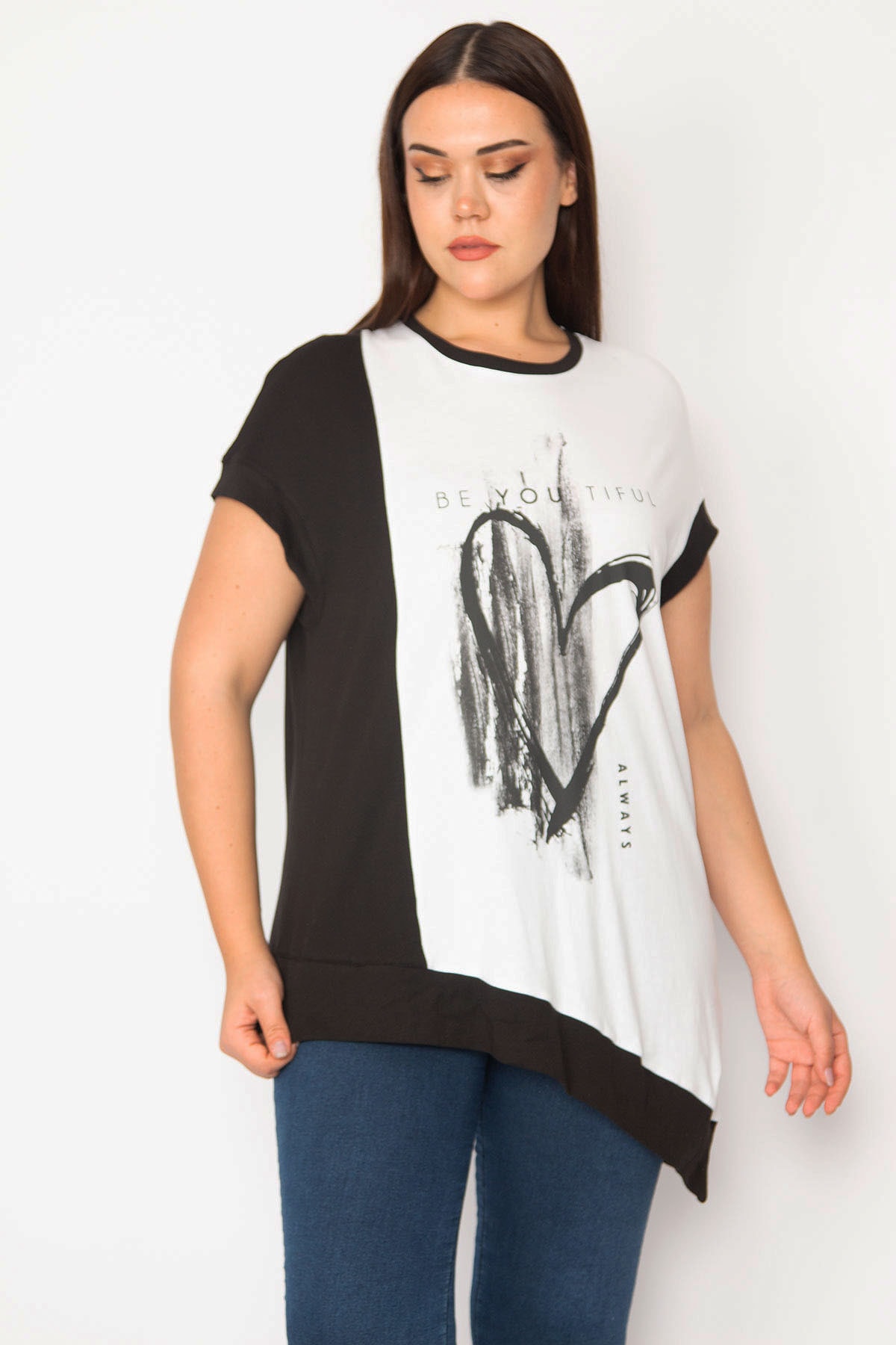 Şans Women's Large Size Bone Front Printed Color Combination Blouse