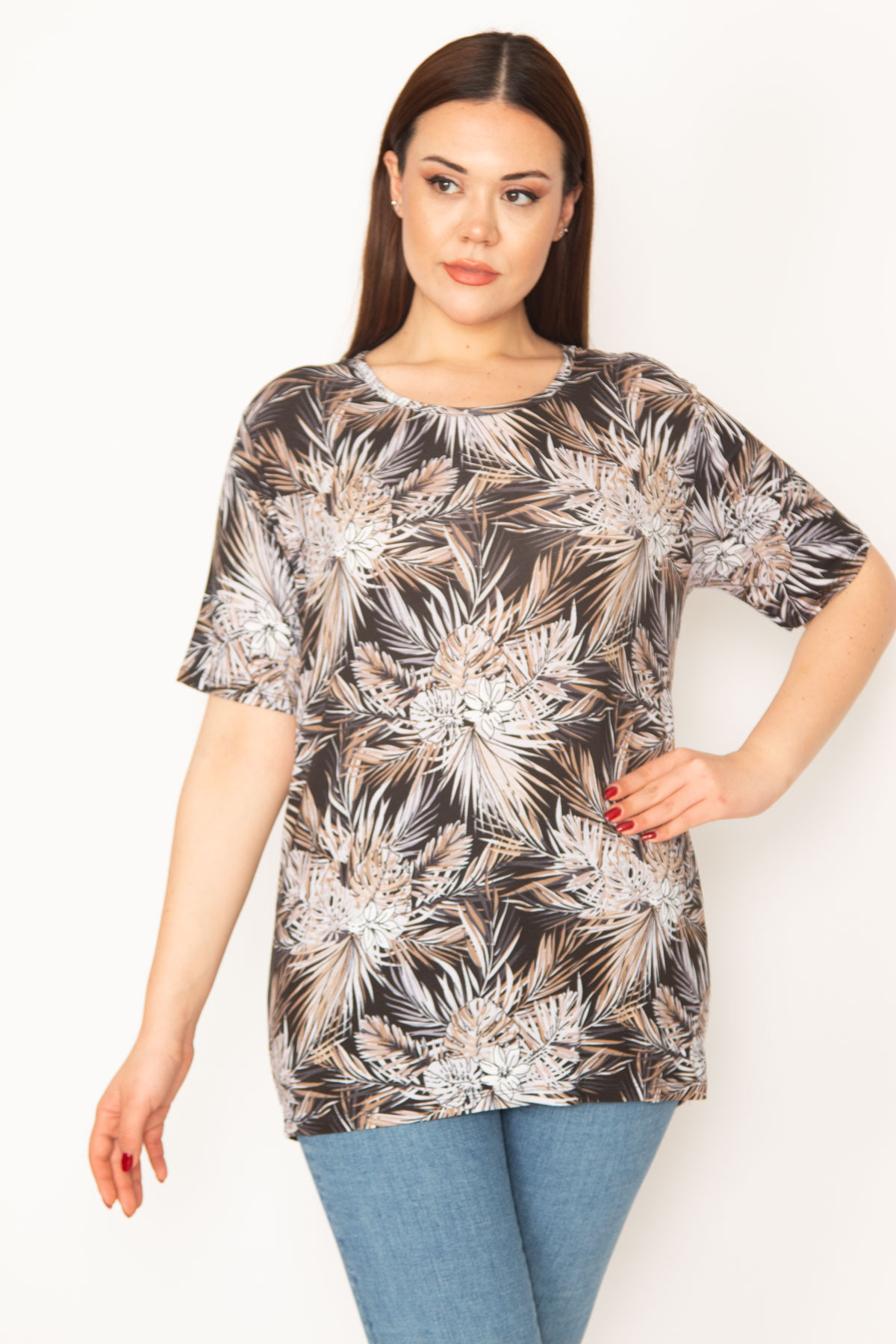 Şans Women's Plus Size Mink Crew Neck Patterned Blouse