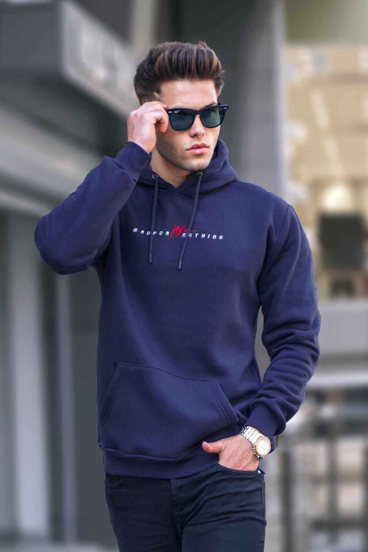 Madmext Navy Basic Hooded Sweatshirt 6002