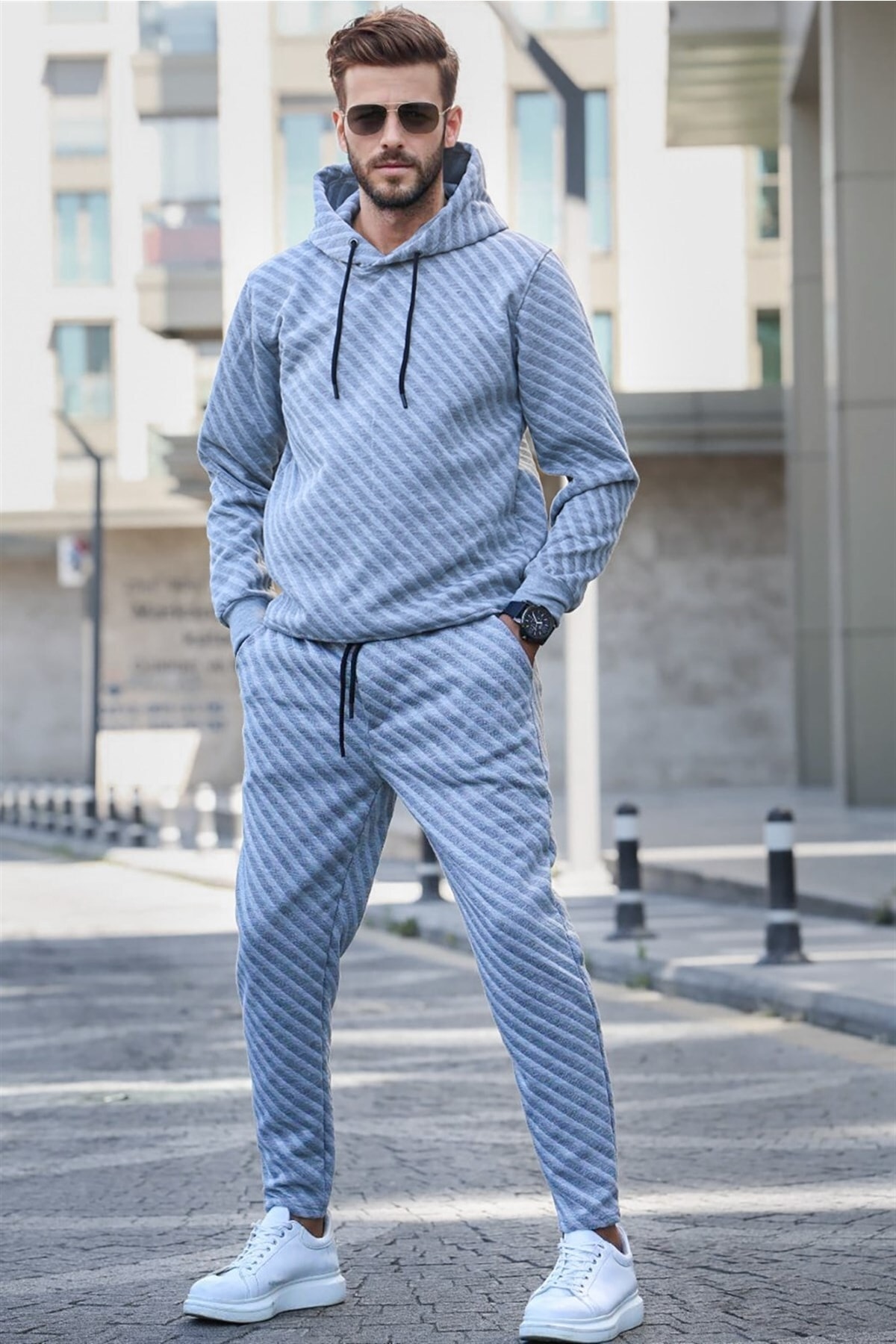 Madmext Gray Hooded Basic Tracksuit Set 5904