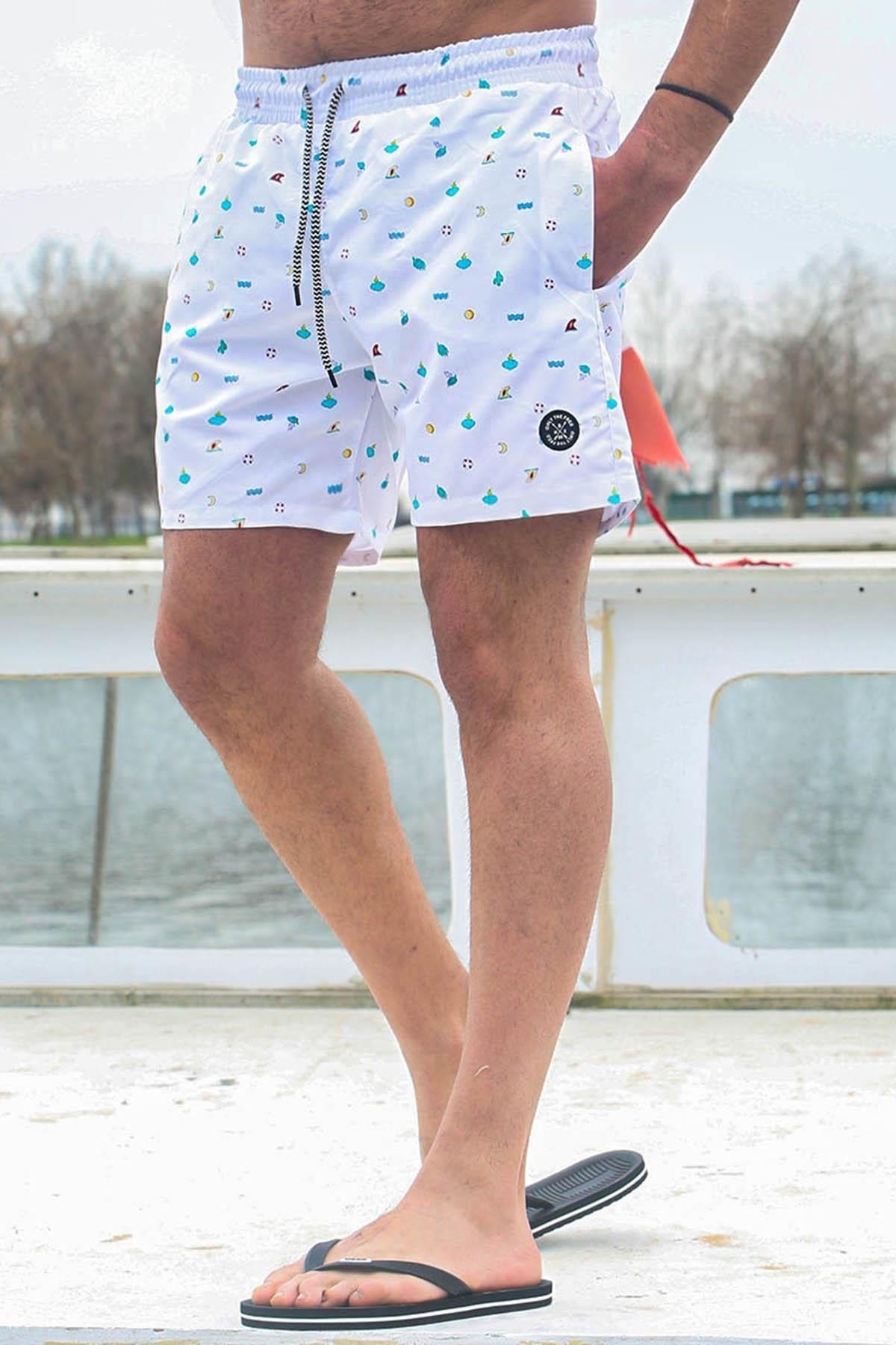 Madmext White Patterned Men's Beach Shorts 6367