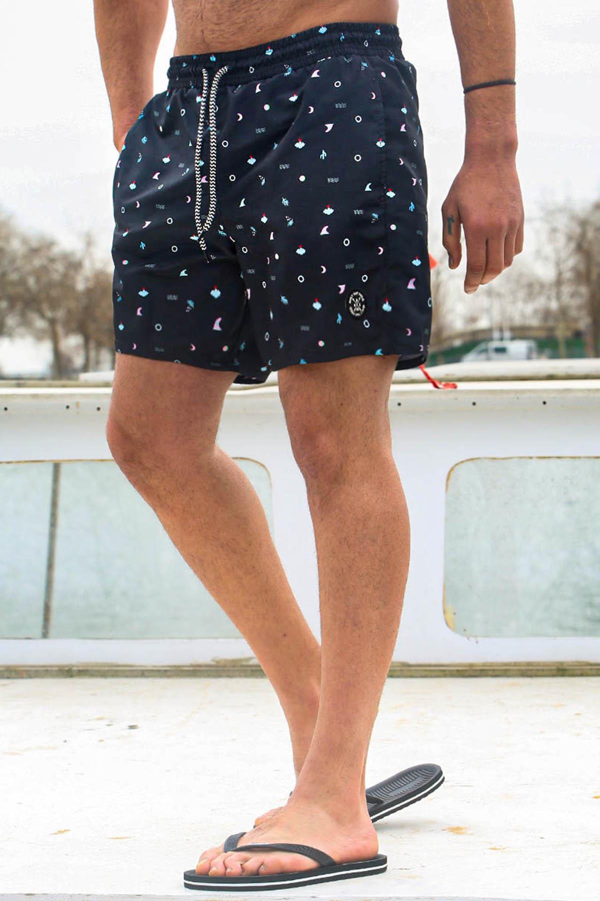 Madmext Black Patterned Men's Beach Shorts 6367