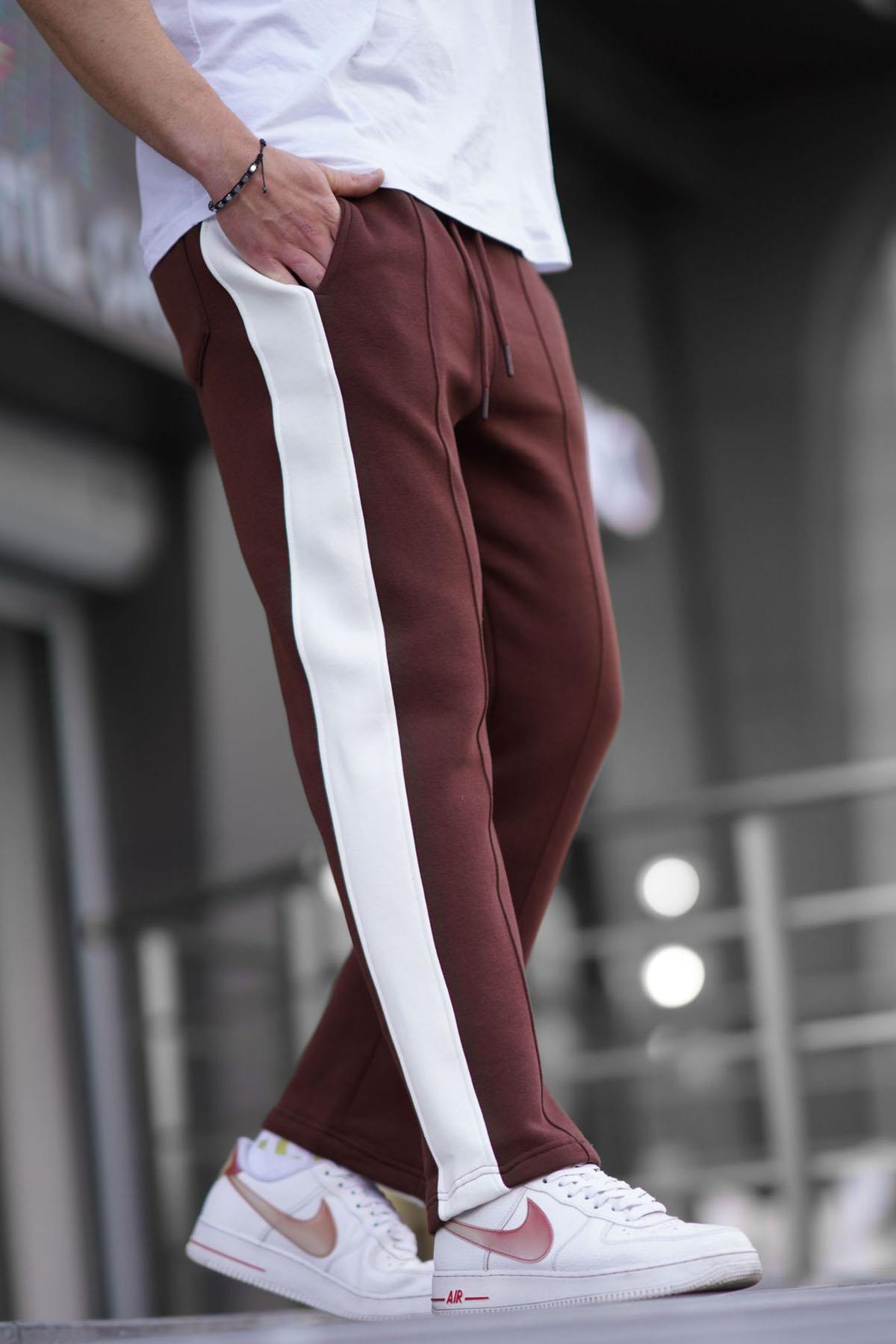 Madmext Light Brown Striped Basic Men's Tracksuit 6525