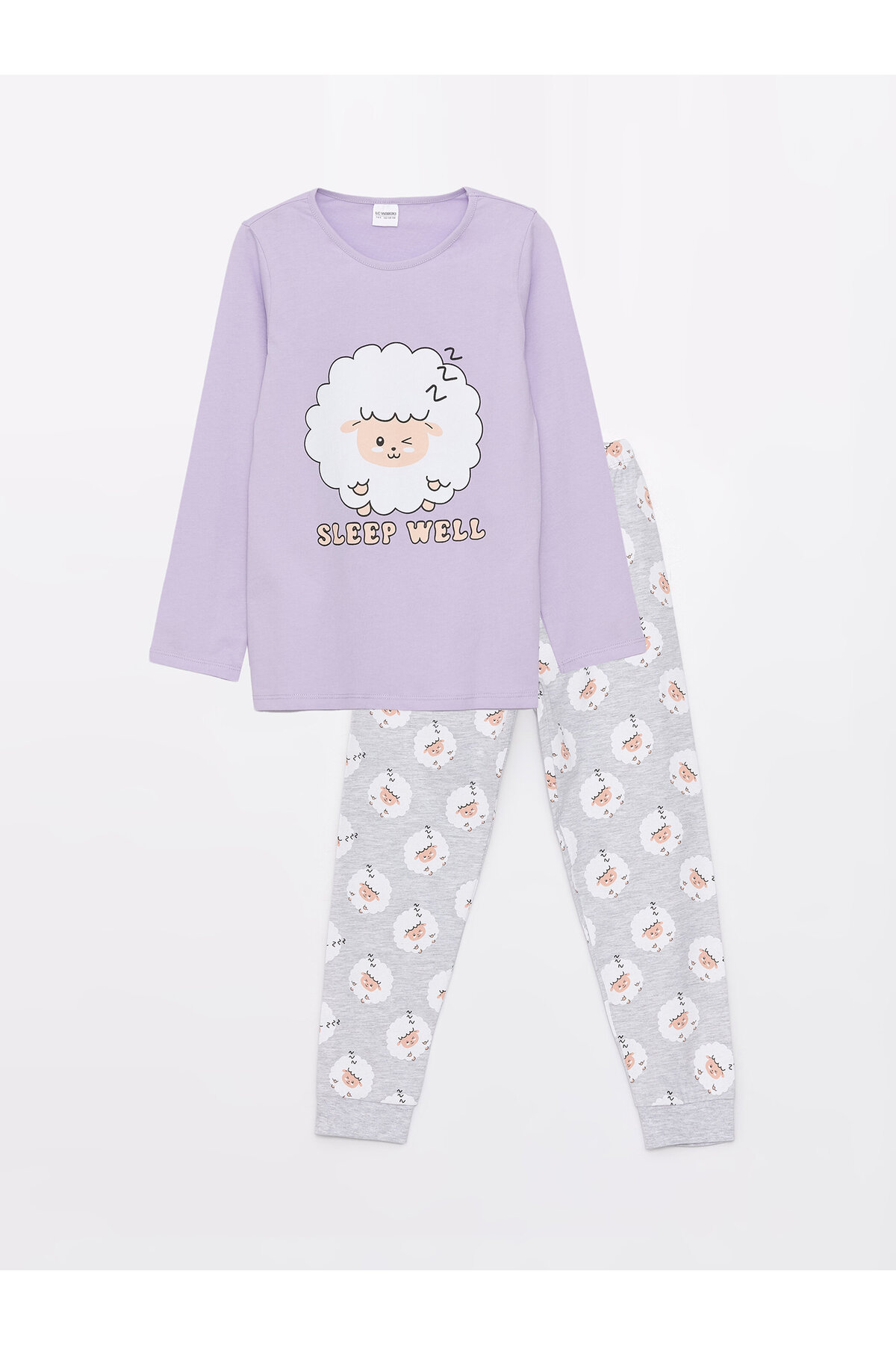 LC Waikiki Crew Neck Printed Long Sleeve Girls Kids Pajamas Set