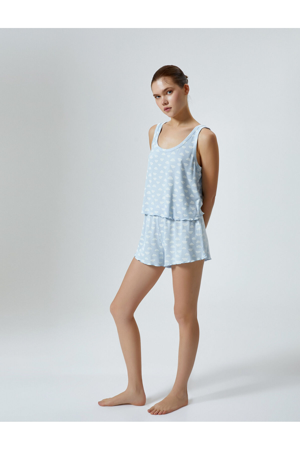 Koton Shorts Pajamas Set Cloud Patterned Ribbed Strap Viscose