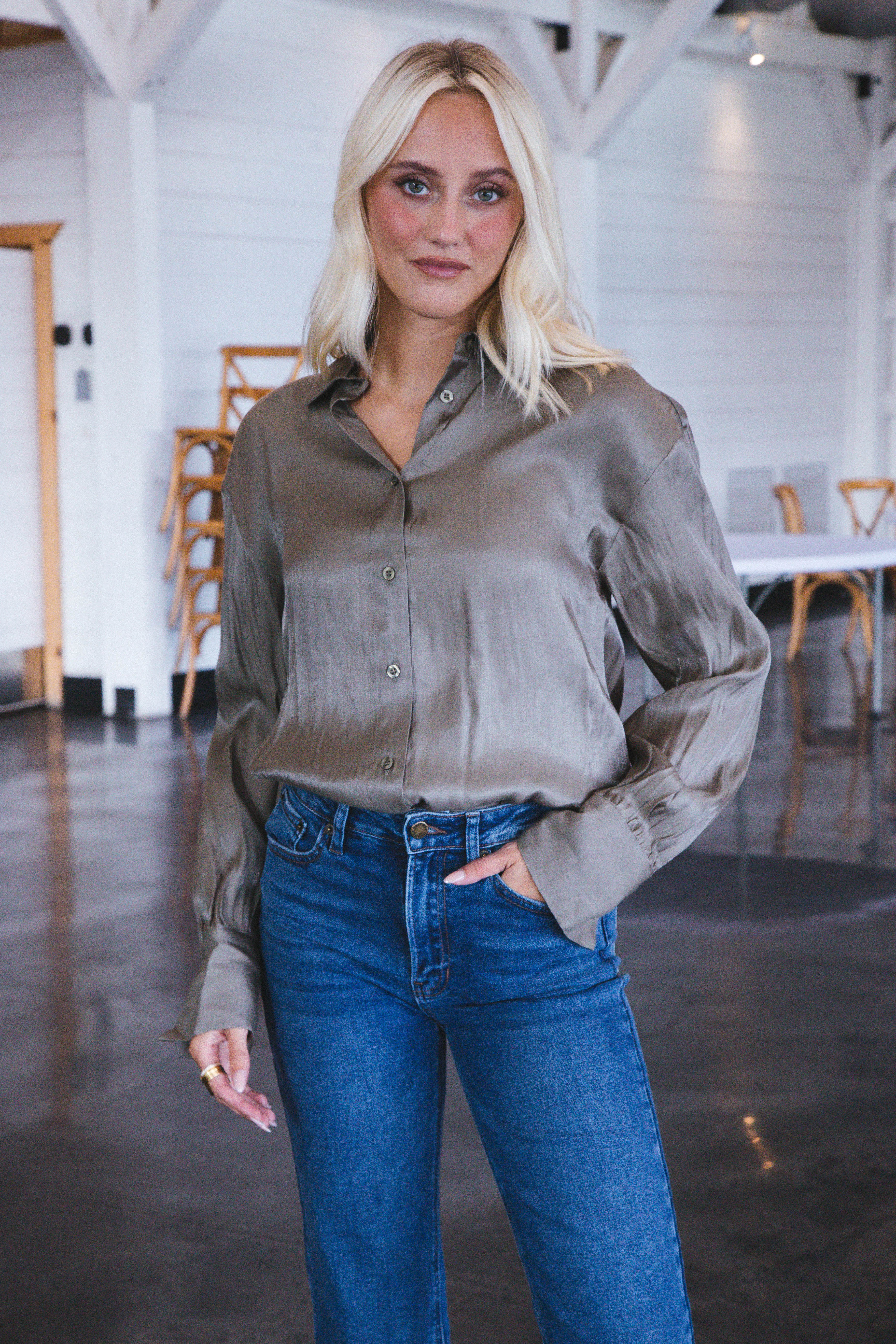 Khaleesi Satin Button Up Blouse Olive