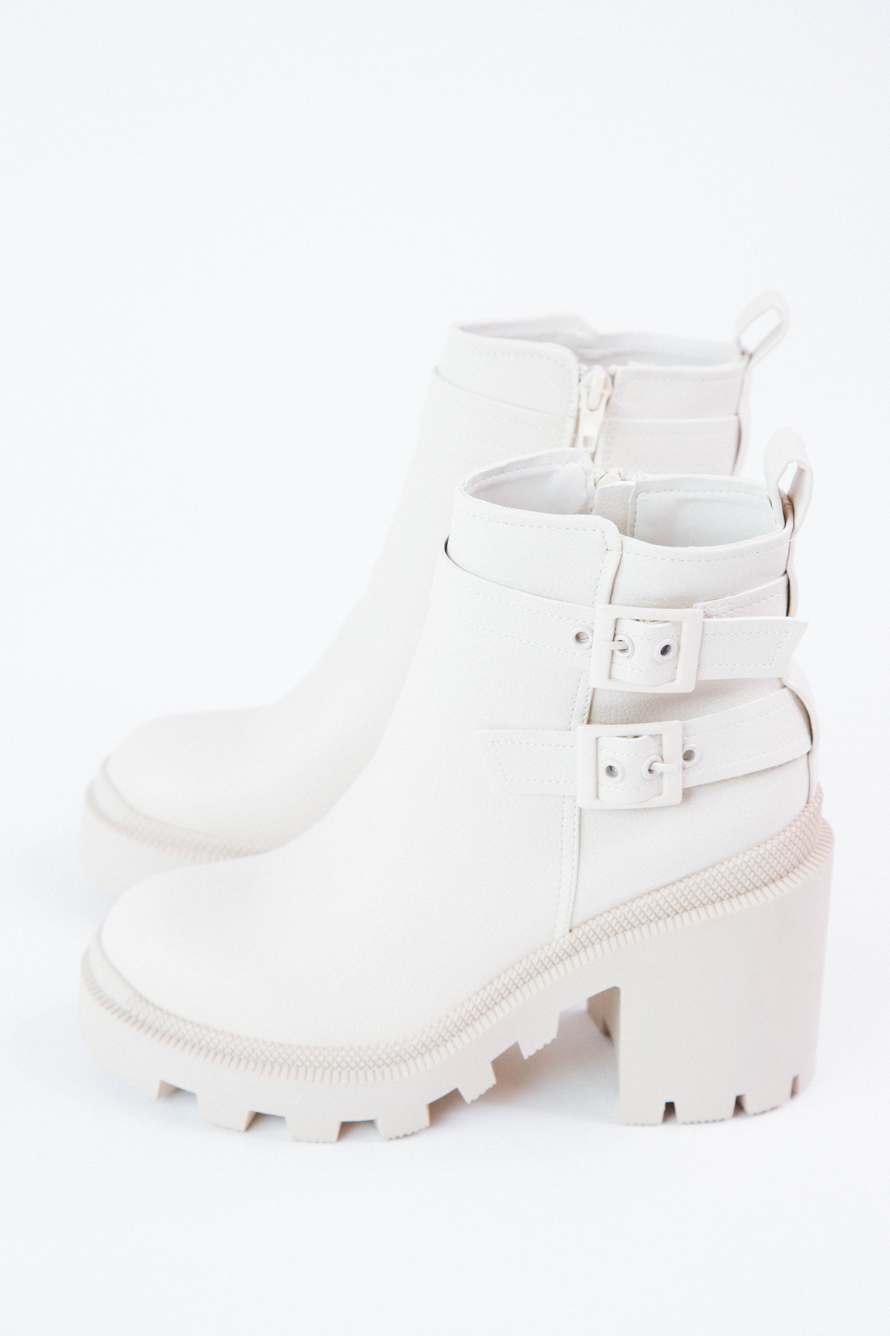 Maze Buckle Strap Chunky Bootie Ivory Pebble