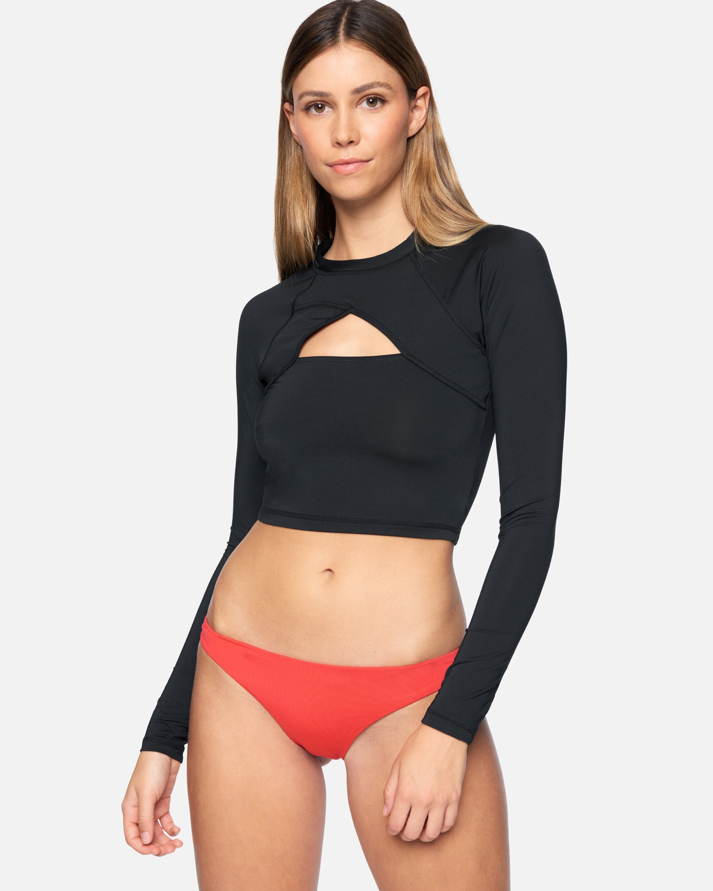 Women's Solid Cropped Cross Yoke Rashguard in Black, Size XS