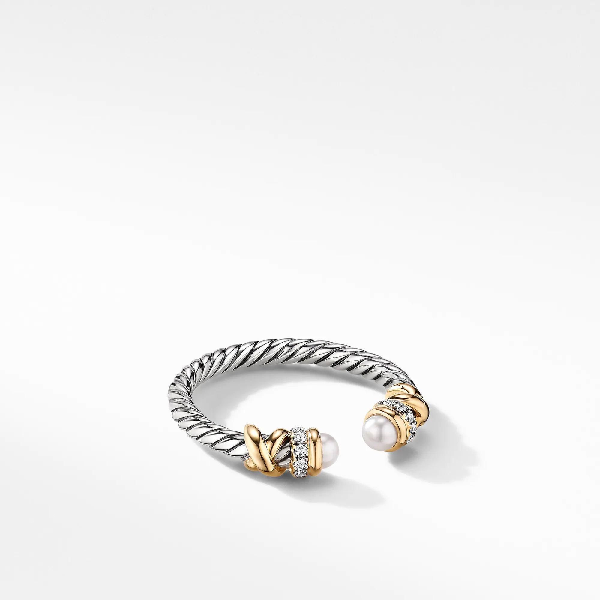 David Yurman Petite Helena Open Ring with Pearls, 18k Yellow Gold and Diamonds - Size 6