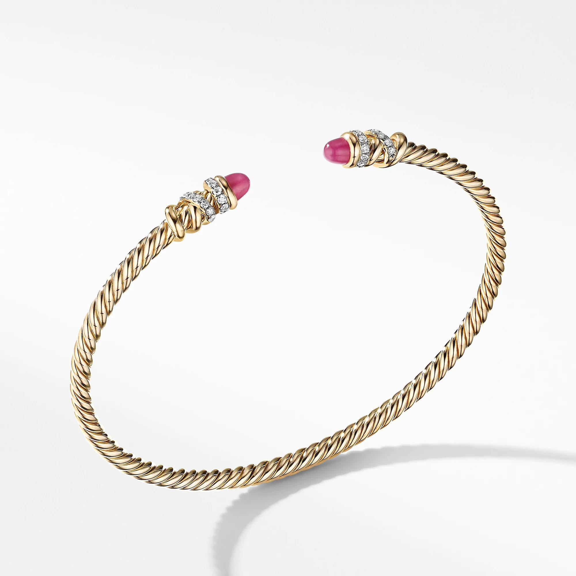 David Yurman Petite Helena Open Bracelet in 18k Yellow Gold with Rubies and Diamonds - Medium