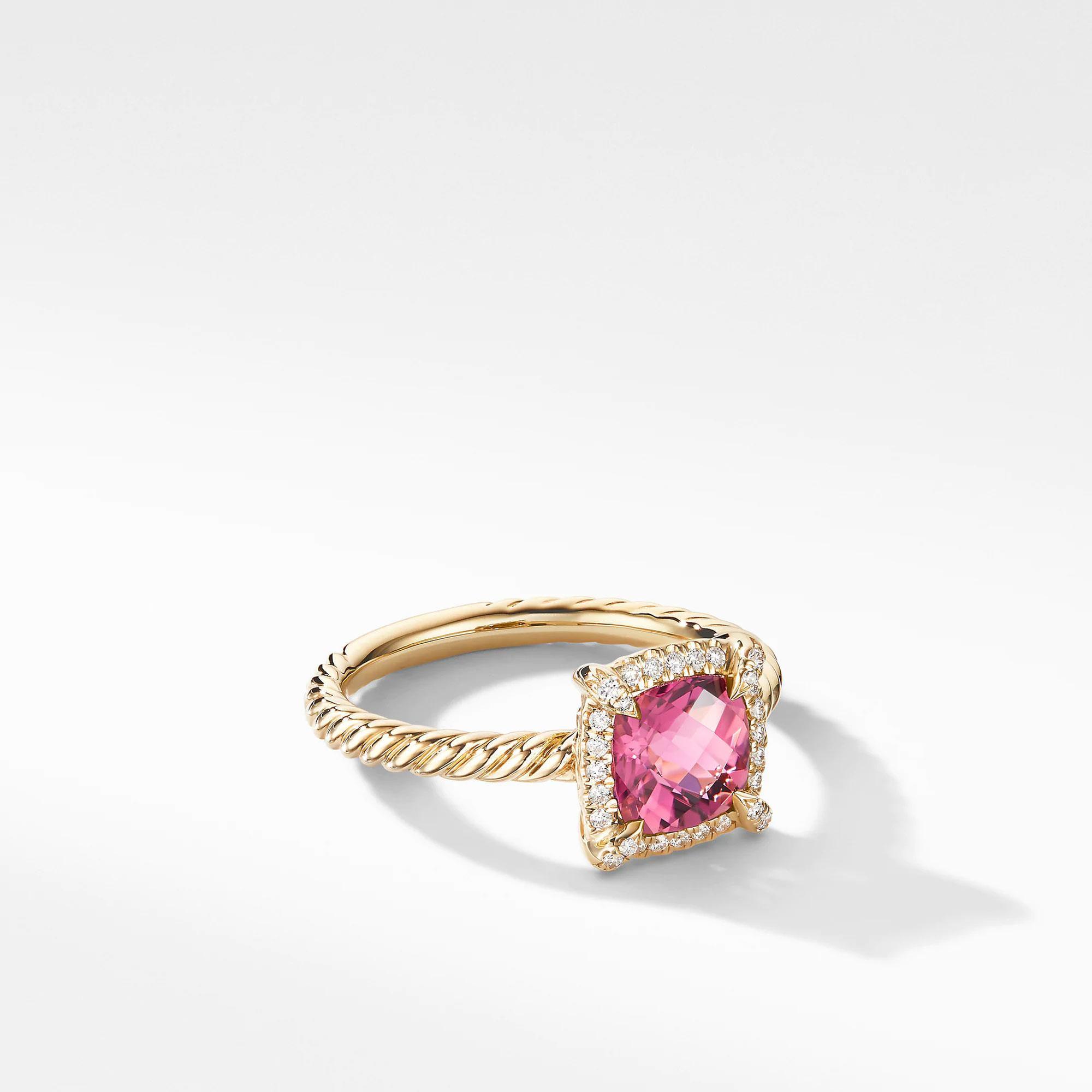 David Yurman Petite Chatelaine Pave Bezel Ring in 18k Yellow Gold with Pink Tourmaline - Size 7
