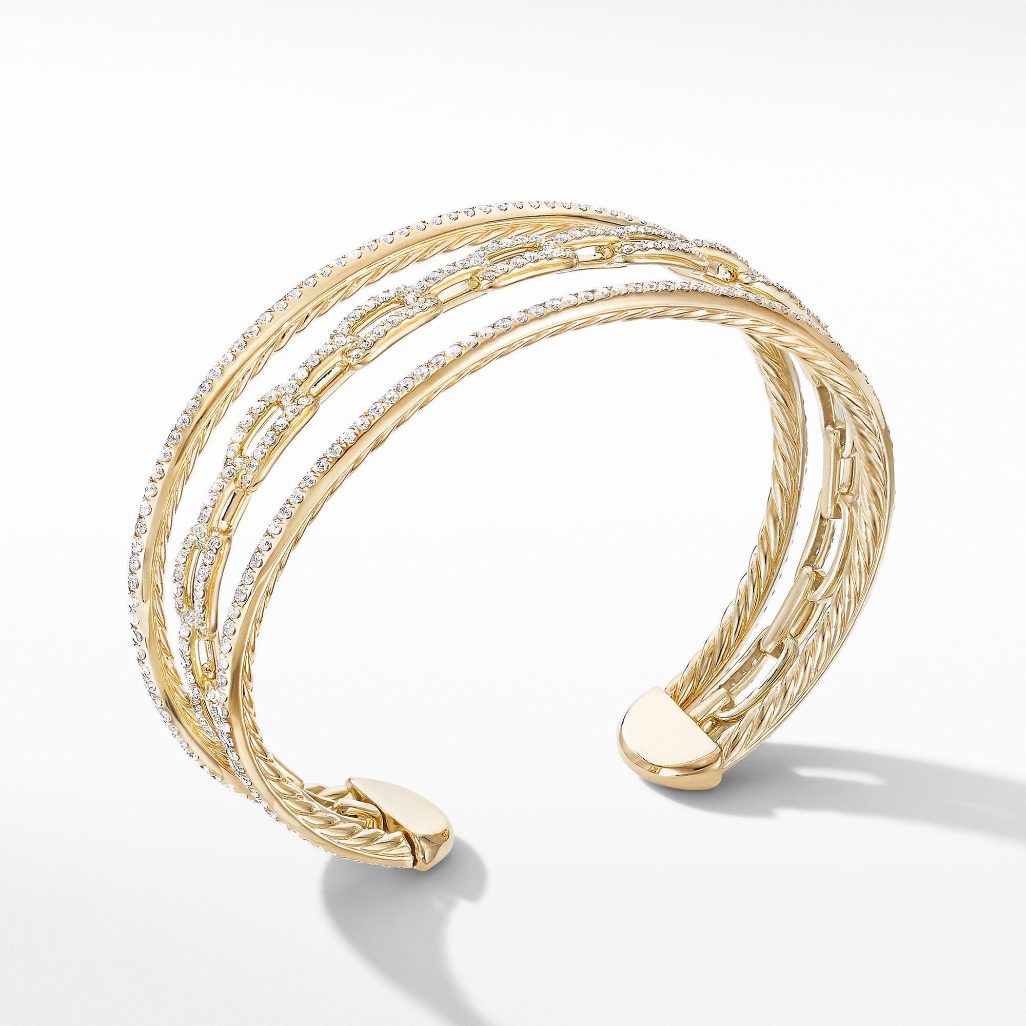 David Yurman Stax Three-Row Chain Link Bracelet in 18k Yellow Gold with Diamonds, 10mm