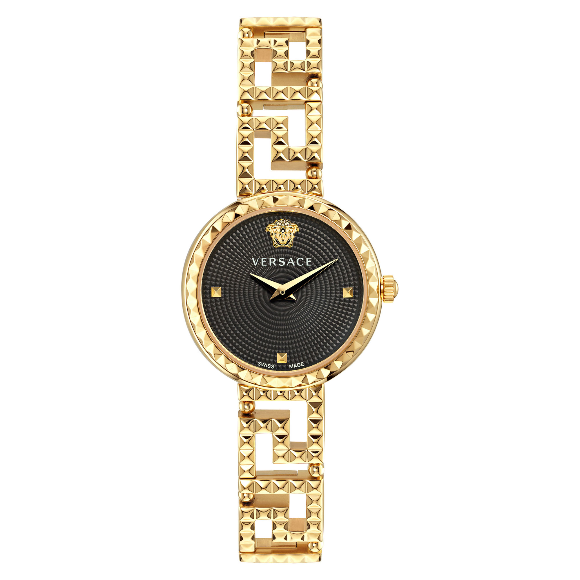 Versace Greca Goddess Black Dial and Ion-Plated Yellow Gold Bracelet Watch 28mm - VE7A00423