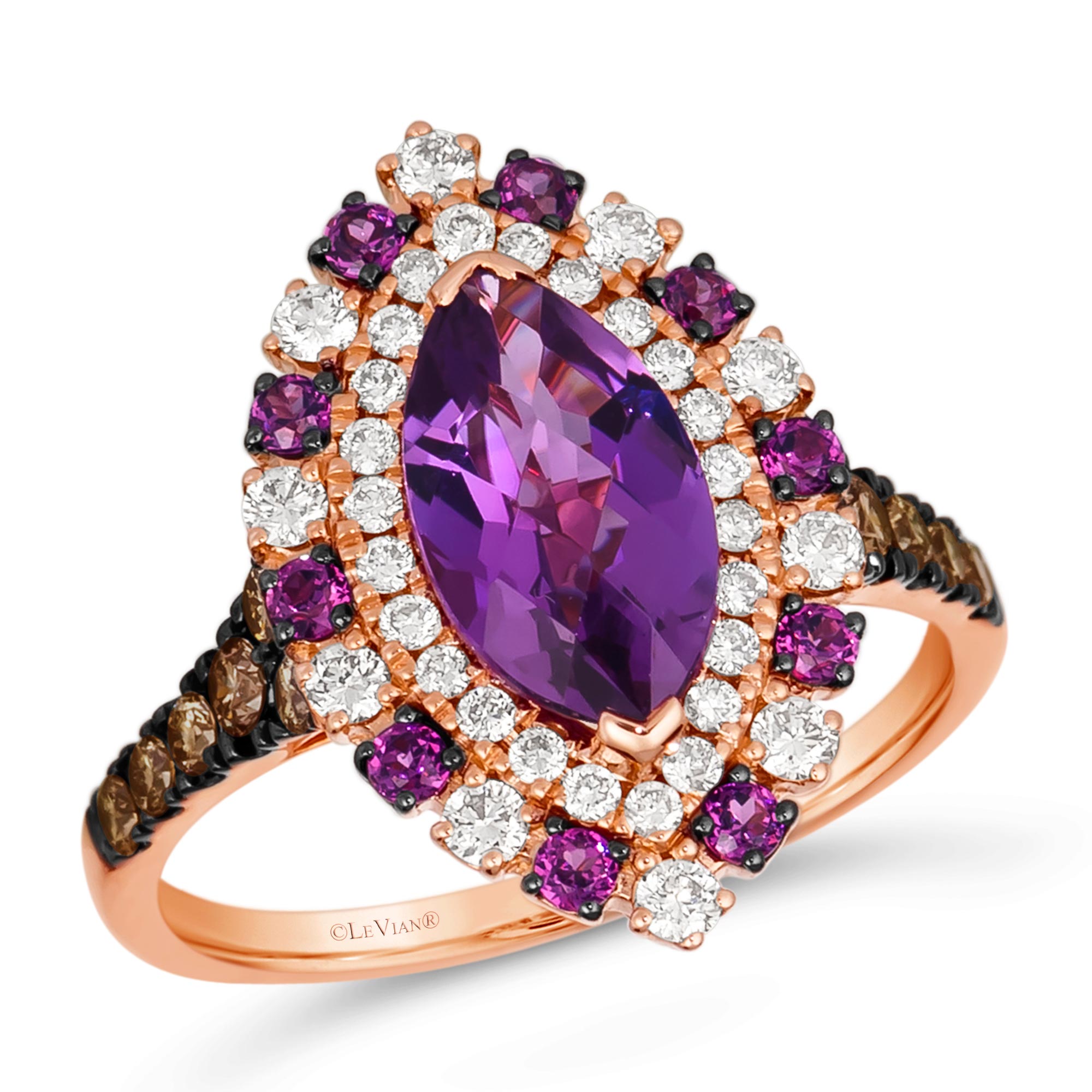 Le Vian(R) Grape Amethyst(tm) Raspberry Rhodolite(R) 3/4ctw Nude Diamonds(tm) and Chocolate Diamonds(R) 14k Strawberry Gold(R) Halo Ring | Size 7
