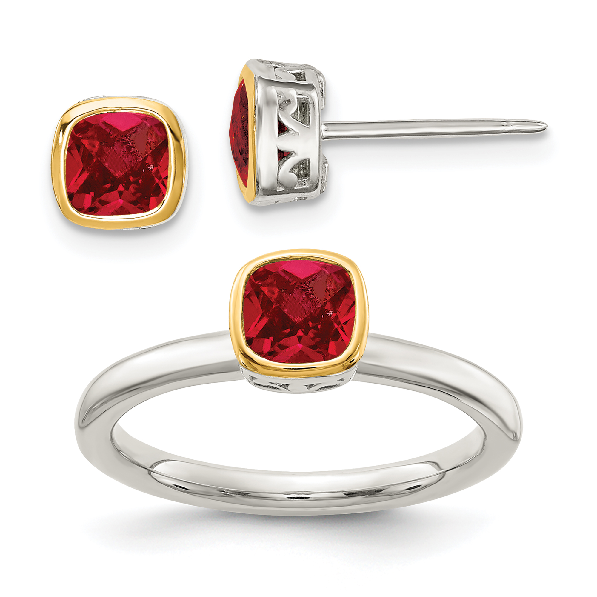 Cushion Lab Created Ruby Two-Tone Yellow Gold and Sterling Silver Stud Earring and Ring Set | Size 8
