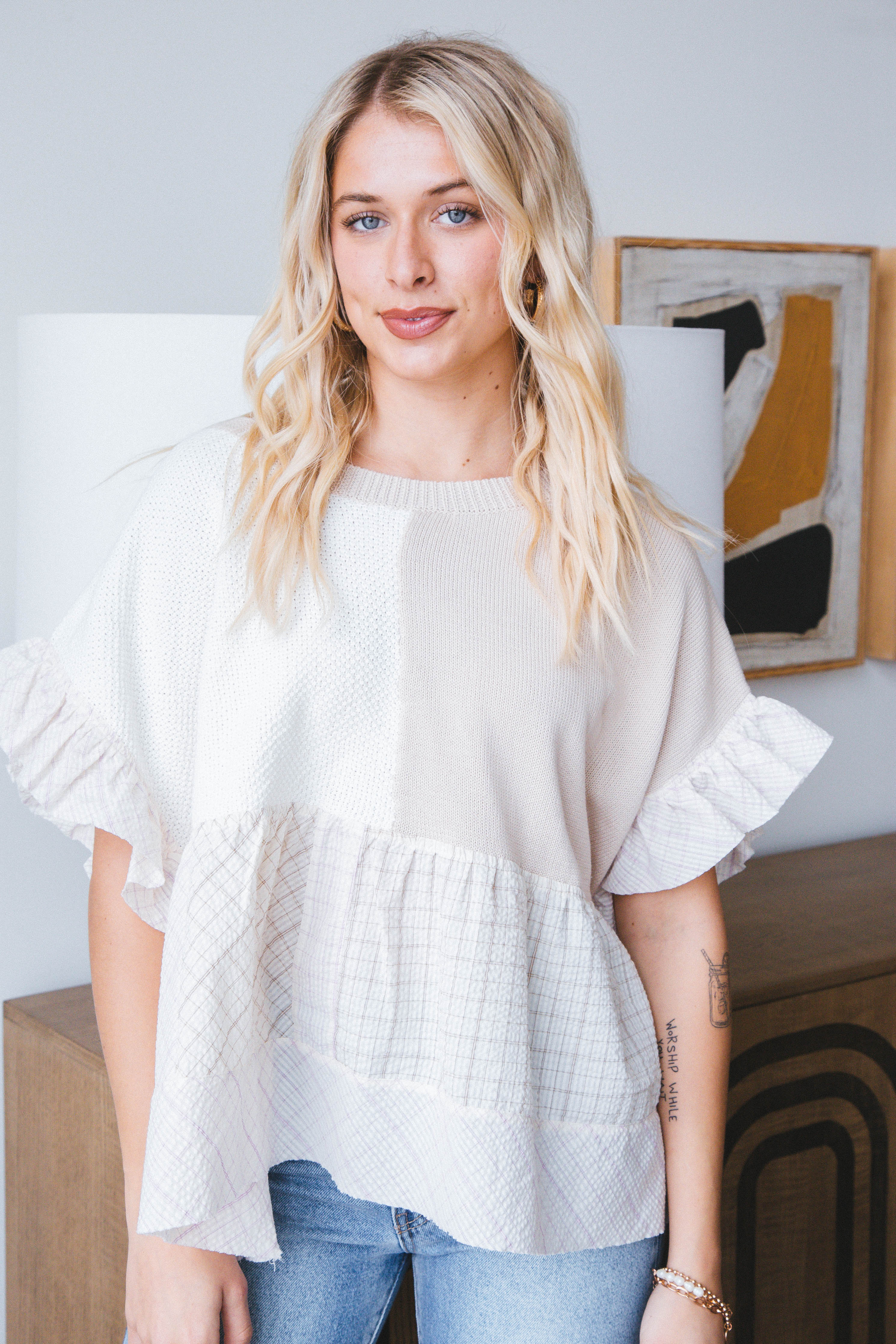 Sloane Patchwork Flutter Sleeve Top Ivory Multi