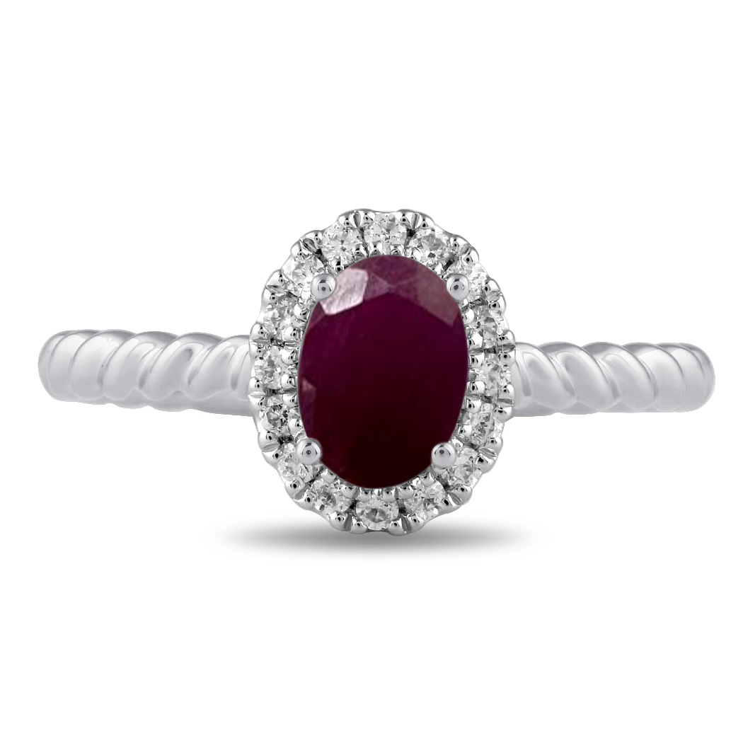 Oval Ruby and 1/6ctw Lab Grown Diamond Halo White Gold Ring - Size 5
