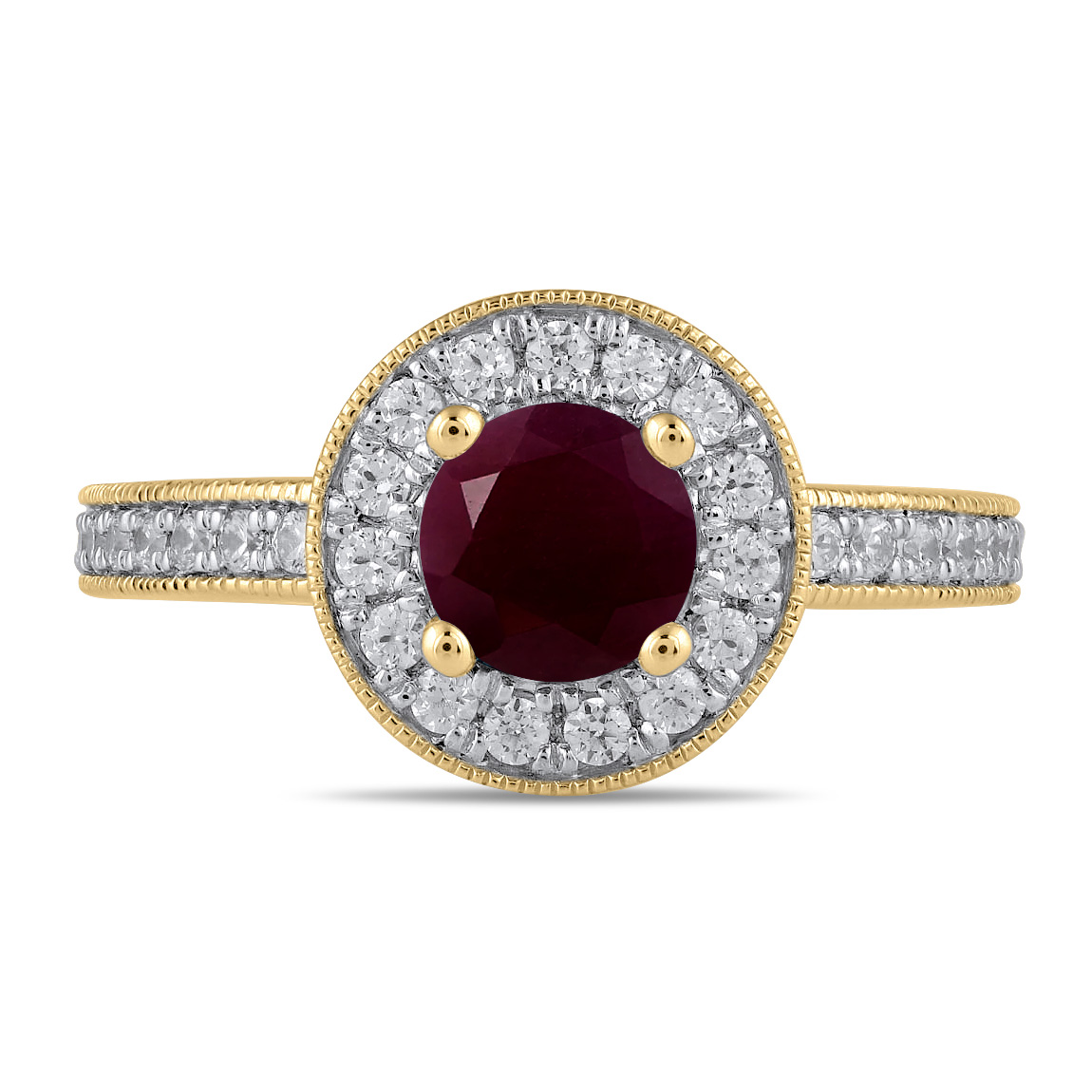 Round Ruby and 3/8ctw Lab Grown Diamond Halo Yellow Gold Ring - Size 9