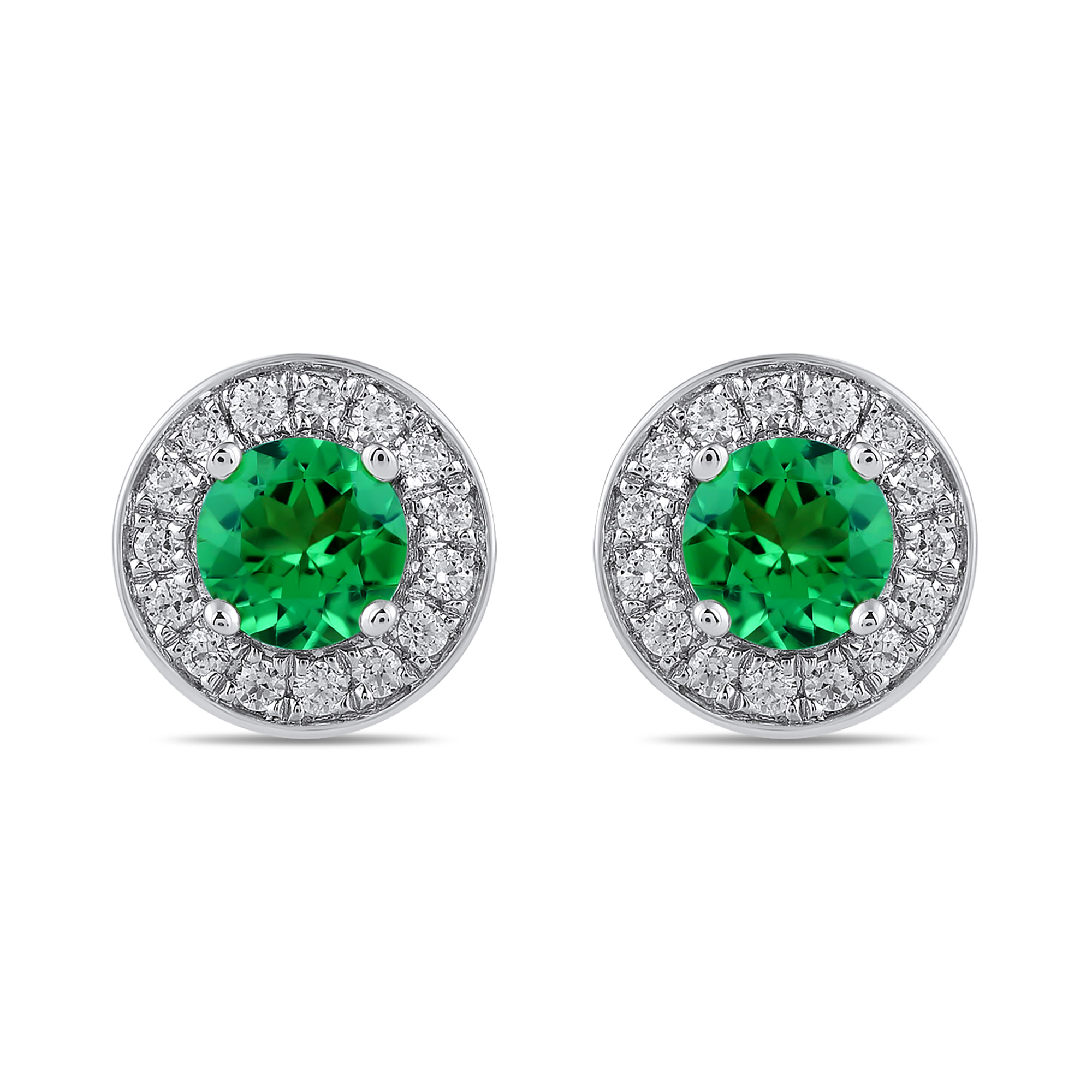 Round Emerald and 3/8ctw Lab Grown Diamond White Gold Halo Stud Earrings