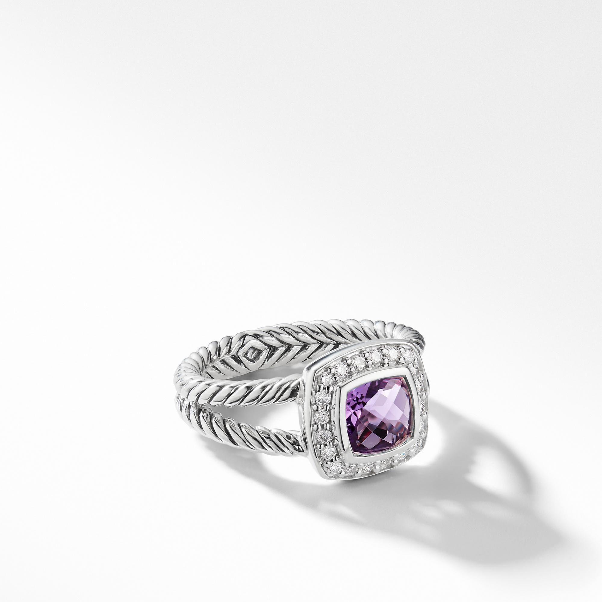 David Yurman Petite Albion Ring with Amethyst and Diamonds - Size 4.5