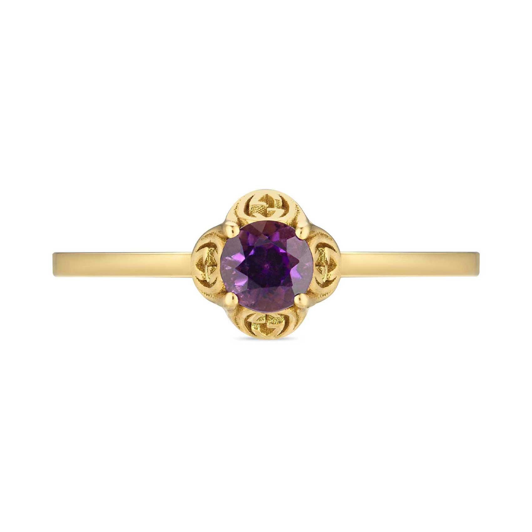 Gucci Yellow Gold Interlocking G Ring with Amethyst - Size 7.25