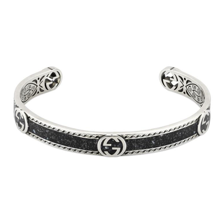 Gucci Interlocking G Black Enamel Sterling Silver Cuff Bracelet | 8.5mm | 7.5 Inches