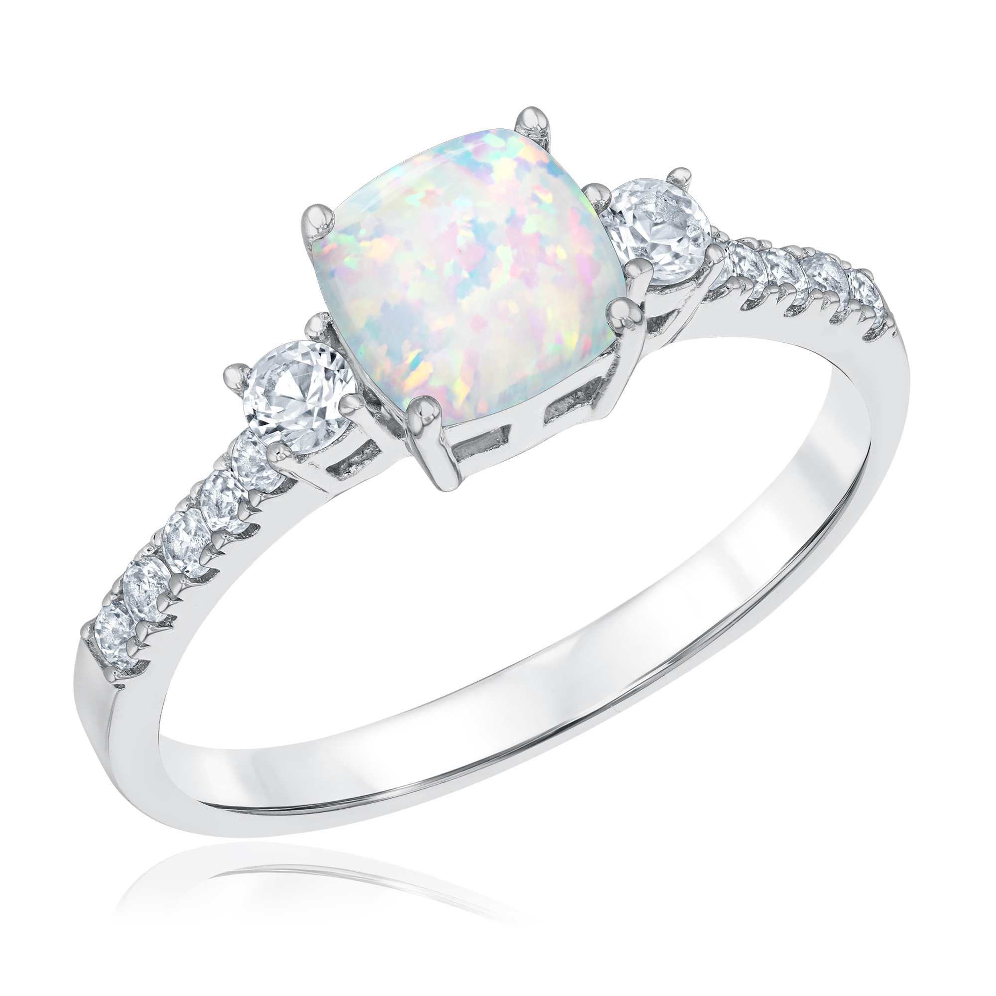 Cushion Created Opal and Created White Sapphire Sterling Silver Ring
