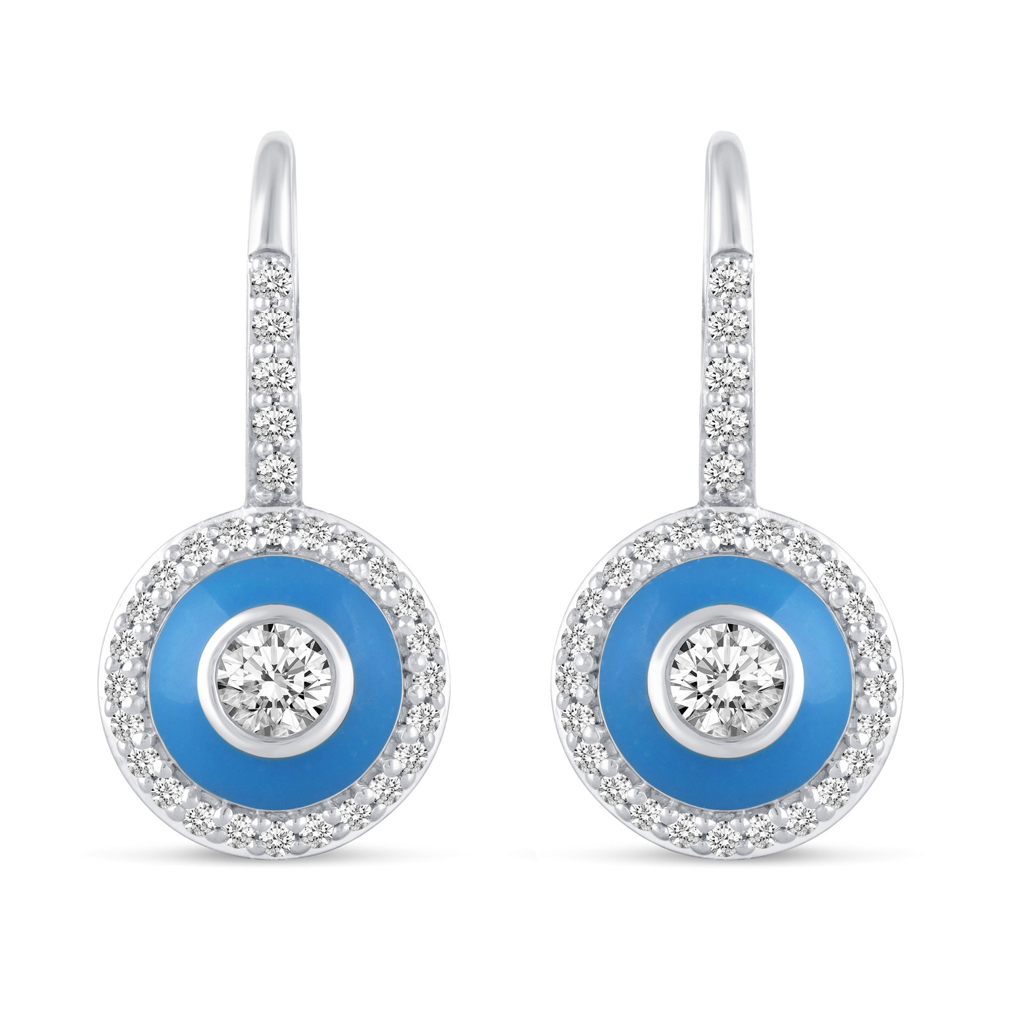 1ctw Diamond and Blue Enamel Sterling Silver Halo Leverback Earrings