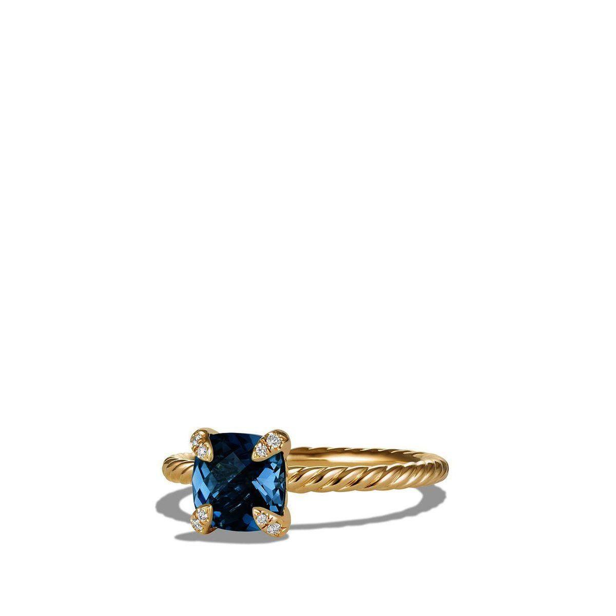 David Yurman Chatelaine Ring with Hampton Blue Topaz and Diamonds in 18k Gold - Size 6