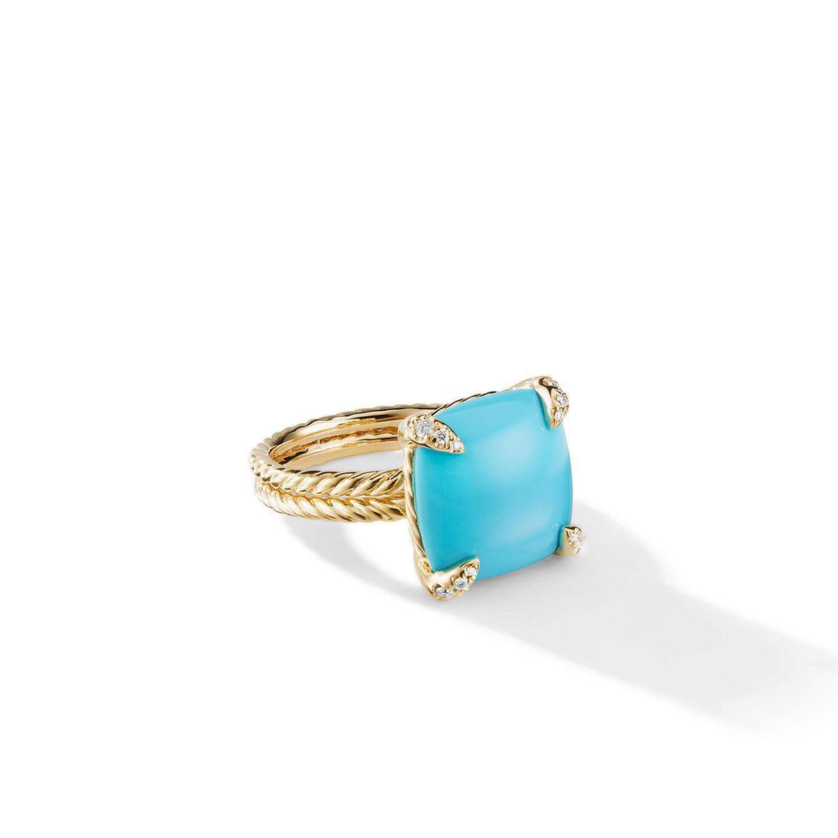 David Yurman Chatelaine Ring with Turquoise and Diamonds in 18k Gold - Size 7