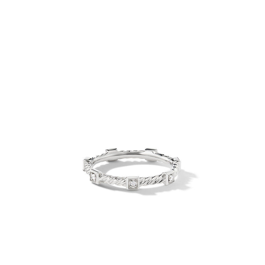 David Yurman Cable Collectibles Stack Ring in 18K White Gold with Diamonds - Size 4.5