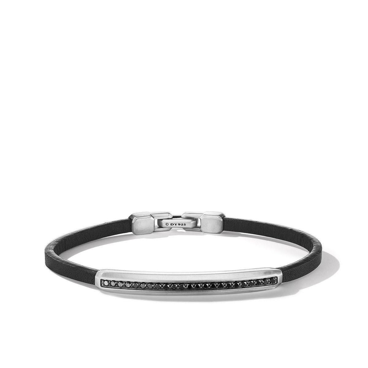 Men's David Yurman Streamline ID Black Leather Bracelet with Pave Treated Black Diamonds - Size Large