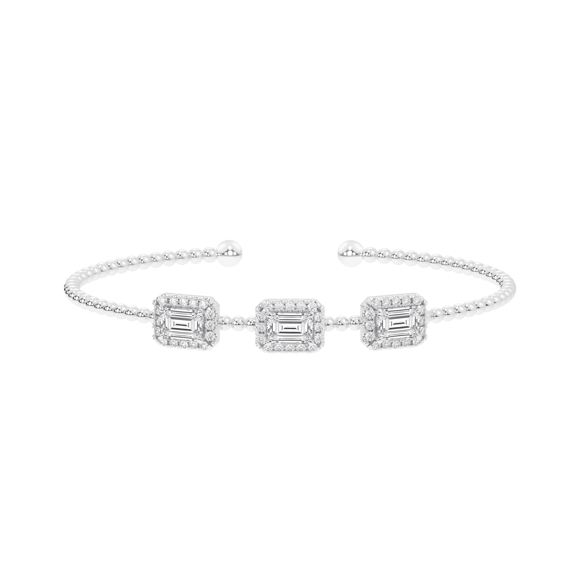 2 ctw Emerald-Shaped Lab Grown Diamond White Gold Beaded Bangle Bracelet