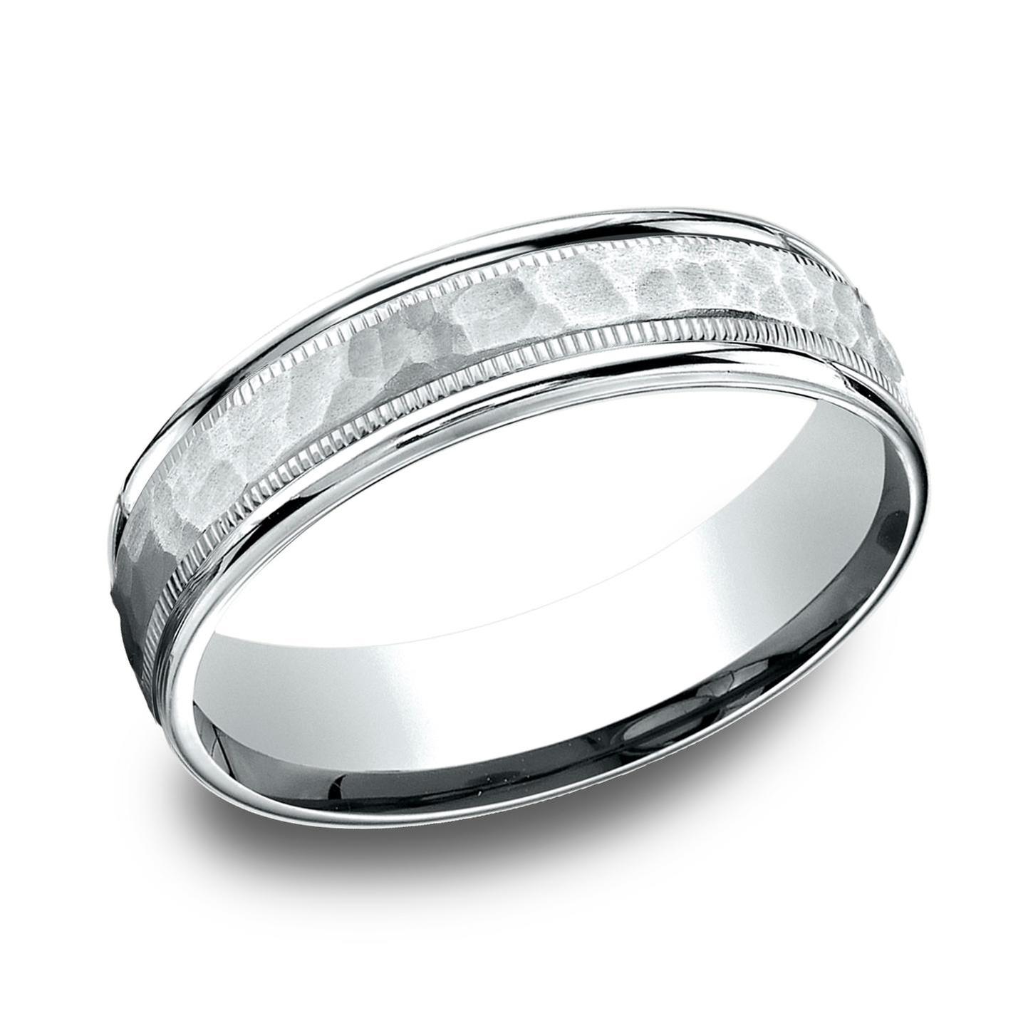 Benchmark White Gold Hammered Finish Comfort Fit Band | 6mm | Size 13.5