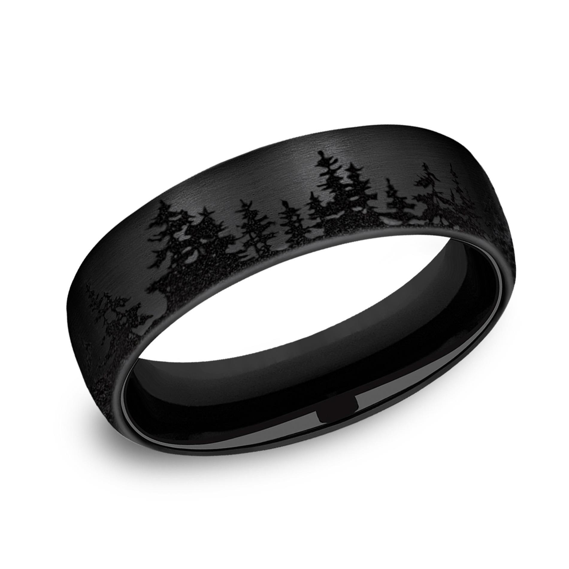 Benchmark Black Titanium Tree Line Pattern Comfort Fit Band | 6.5mm | Size 9.5